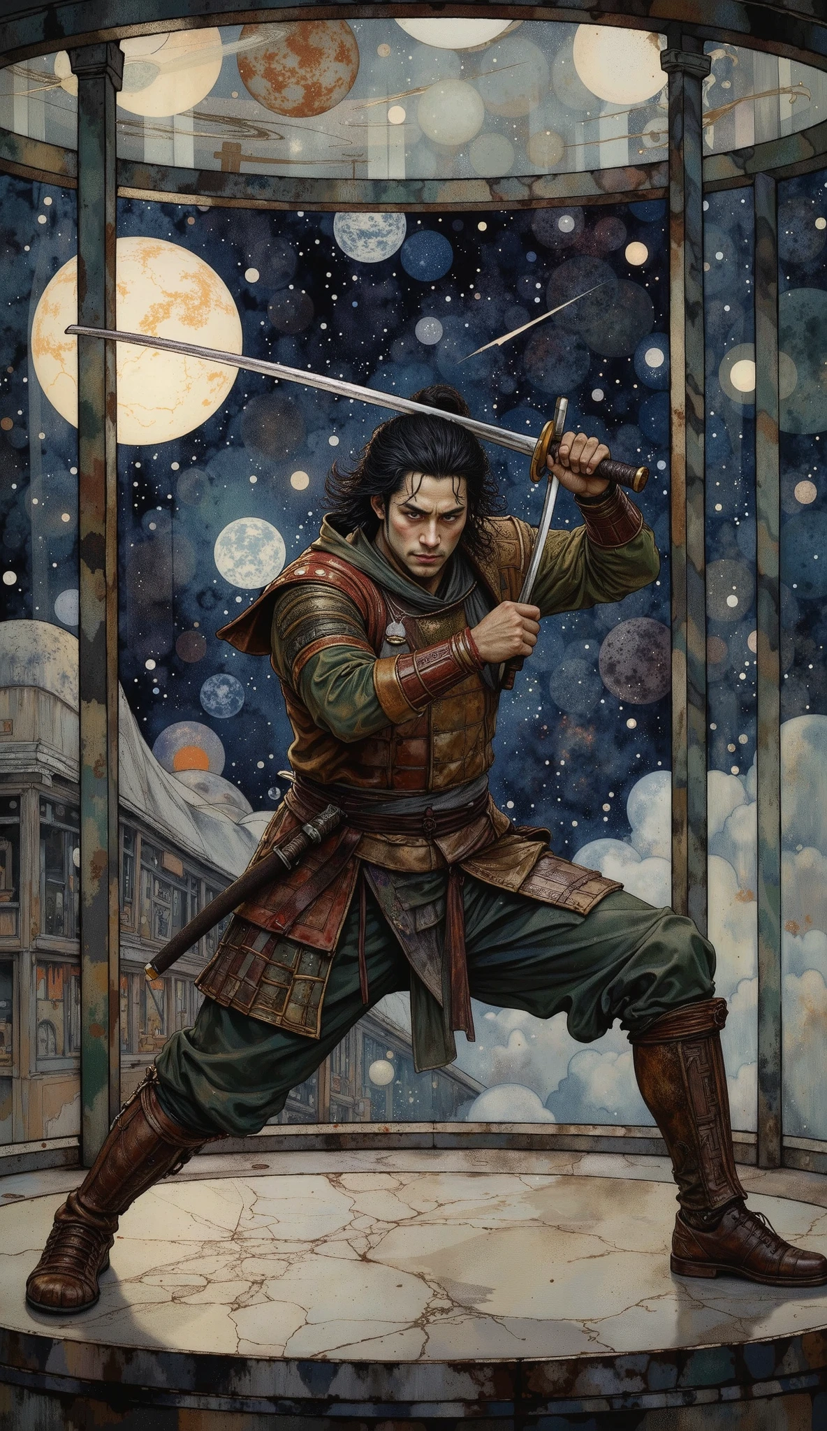 Samurai with his katana in Space action pose is fighting on a domed platform and sees the universe with stars in the background , planets shooting stars :1.5, , Chiaroscuro,  cinematic lighting  , dithering, projected shadow, bloom, light reflection, motion blur, U high definition, Retina,  masterpiece,  Precise,  Anatomically Correct ,  Textured leather,  tall details ,  high quality, awarded ,  the best quality,  highres, 1080P,  high definition, 16K
