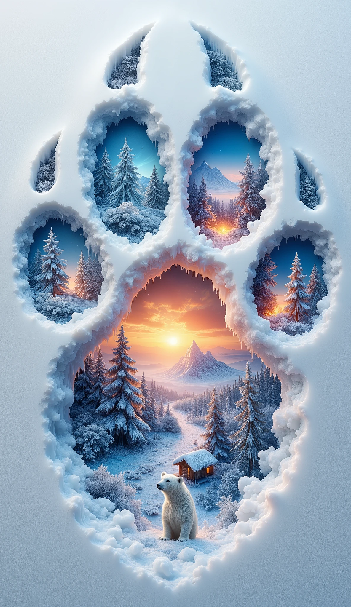 A bear paw print in snow, revealing various winter landscapes within. The paw print is a large, irregular shape, filled with different scenes. One scene depicts a serene winter landscape with a lake reflecting a vibrant aurora borealis. Another shows a calm sunset over a mountain lake. A third exhibits a peaceful valley with a cozy cabin nestled amongst snow-covered mountains. The scenes are framed within the contours of the paw print, creating an ethereal and dreamlike quality. A polar bear stands on a snow-covered hill within one of the views, facing to the right, adding a touch of wildlife to the scene. The snow is a soft white, with textured details, and the lighting suggests a soft, diffused glow from the sun and aurora, highlighting the details of the snowy mountains and the trees. The overall style is artistic and evocative of a winter wonderland. The composition is centered, with a slightly low perspective viewing the scene from the snow's surface. The colors are cool, with shades of white, blue, pink, and gold, reflecting the winter theme. The perspective is a composite of multiple scenes that are juxtaposed within the paw print. The atmosphere is peaceful and awe-inspiring.,velvet_myst,Double Exposure