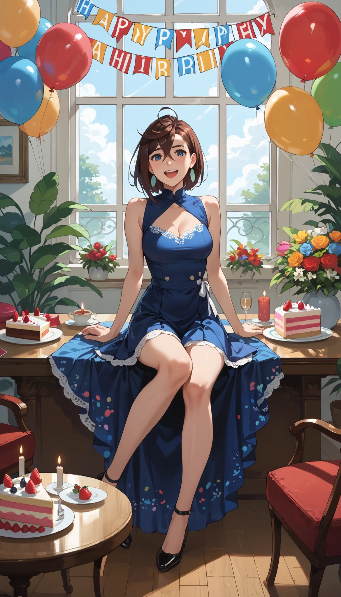 (Perfection), masterpiece, 1girl, birthday, black hair color, birthday party, birthday cake, sitting by table, cute, big boobs, happy expression, smiling, happy birthday, sitting by table, adults, short hair, bob haircut,l, short black bob hair, confetti, amazing scenery, birthday decorations, painted nails, birthday hats, adorable, ethereal scenery, gold birthday cake, shiny pink dress, laying on bed, multiple cakes, bending over, standing, embarrassed, audience behind, celebrating, happy birthday text on cake, blushing
