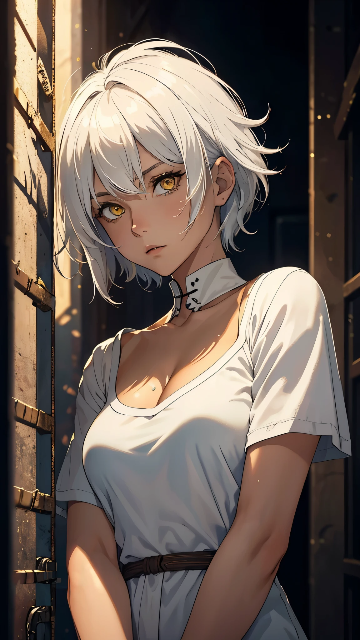 (top-quality、hight resolution), In a dimly lit, intimate room, a woman stands facing a man who saved her life. She is dressed in slightly torn and dirtied clothes, indicating a recent struggle or dangerous situation. Her expression is a mix of resignation and determination as she speaks to the man. Despite the tension in the air, there is a sense of gratitude in her eyes. She acknowledges her debt and reluctantly offers herself to him, ready to repay him however he wishes. The room is simple and shadowy, emphasizing the seriousness of the moment. The man stands nearby, looking at her with a mix of emotions, creating a complex, charged atmosphere. nsfw, ((open shirt))