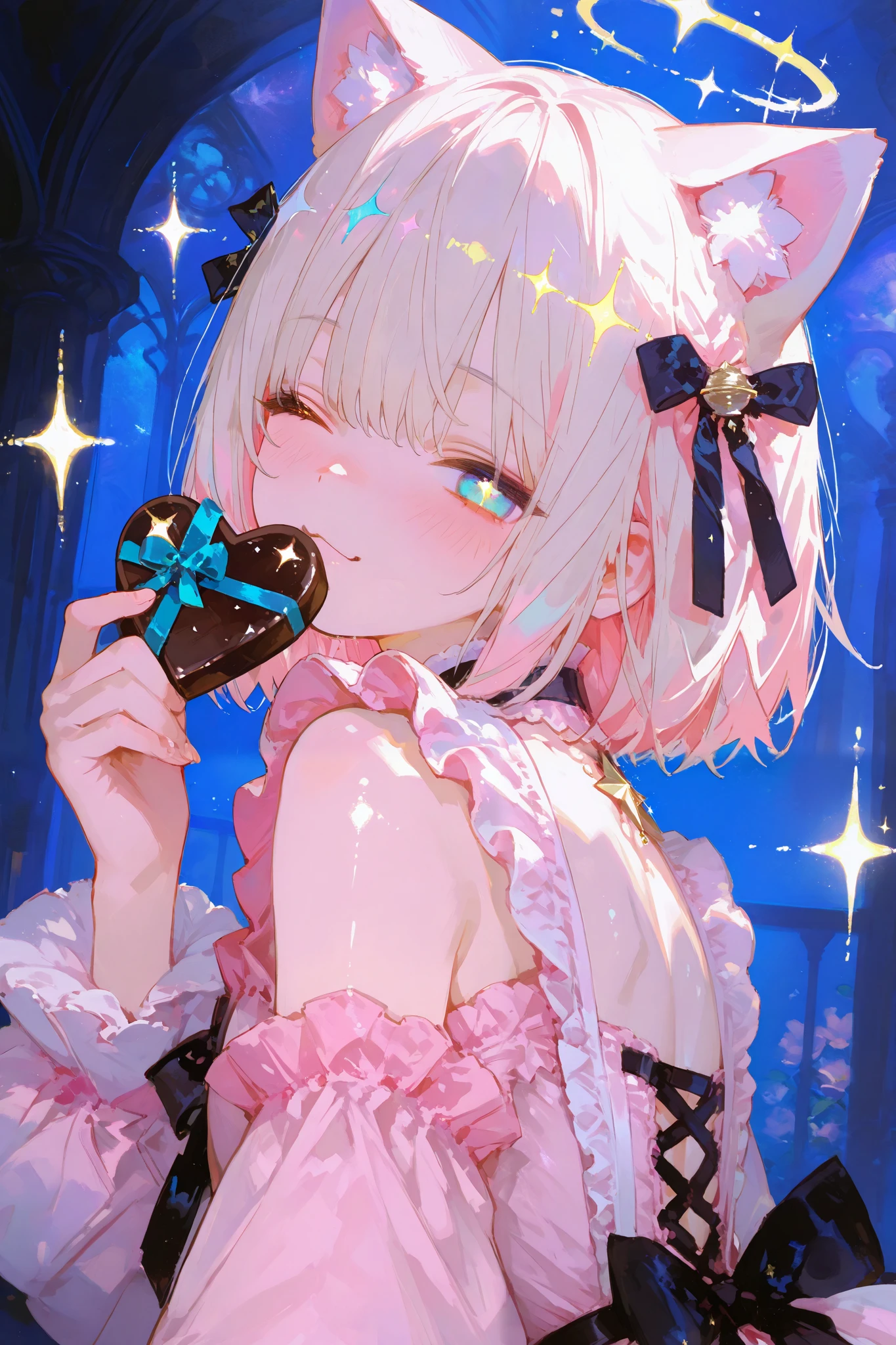 1girl, from back, very cute, chibi style, silver short hair, winking, pink frilled dress, black ribbons, cat ears, holding heart-shaped chocolate, playful expression, soft pastel color, glowing background, dreamy atmosphere, twinkling stars, soft lights, magical aura, kawaii style, digital painting, star dust, luminous sparkle, glow effect,748cmstyle,luisap,shiny skin, high quality, ultra-detailed, 8K, fantasy lighting, ray tracing, UHD, retina, masterpiece, accurate, anatomically correct, textured skin, super detail, high details, high quality, best quality, highres, 1080P, HD, 16k