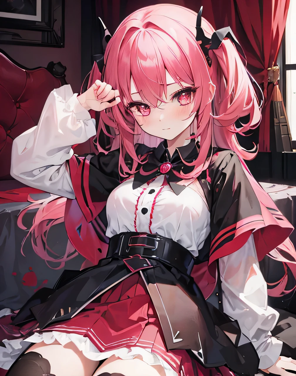 1girl, long pink hair, red eyes, slim body, small chest size, wearing white dress, student dorm, absurdres, high res, ultrasharp, 8K, masterpiece, looking at viewer