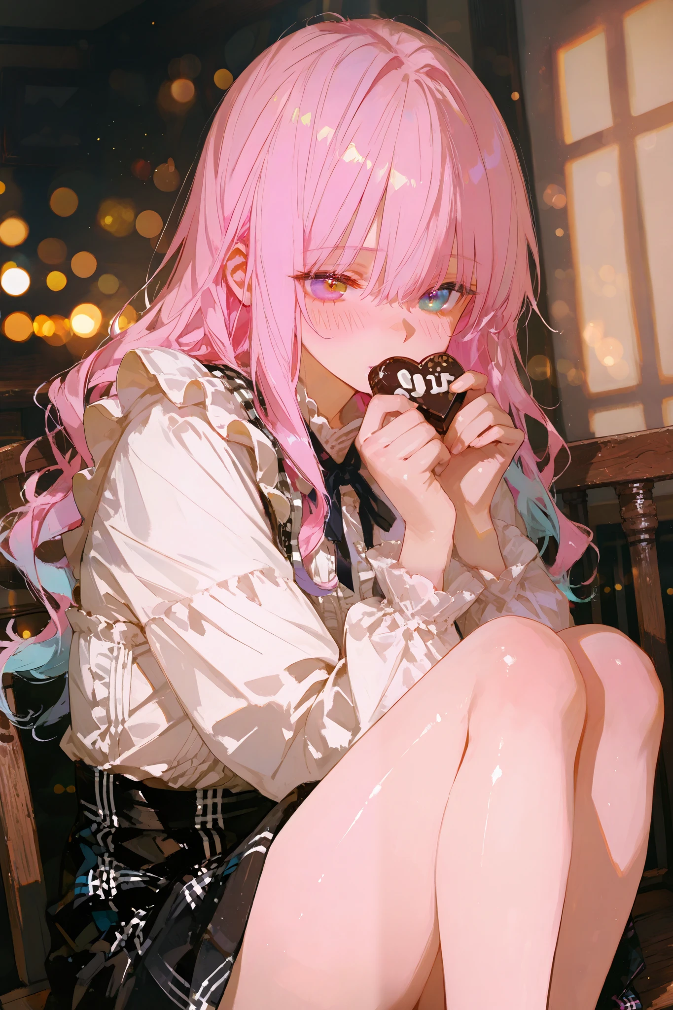 1girl, heterochromatic hair, pink and black twin-tone hair, long wavy hair, wearing a frilled white blouse, black checkered skirt, holding chocolate, cute expression, blush, sitting pose, warm indoor lighting, cozy cafe interior, vintage wooden furniture, soft shadows, bokeh effect, soft lighting, glow effect, 748cmstyle,luisap,shiny skin, high quality, ultra-detailed, 8K, fantasy lighting, ray tracing, UHD, retina, masterpiece, accurate, anatomically correct, textured skin, super detail, high details, high quality, best quality, highres, 1080P, HD, 16k