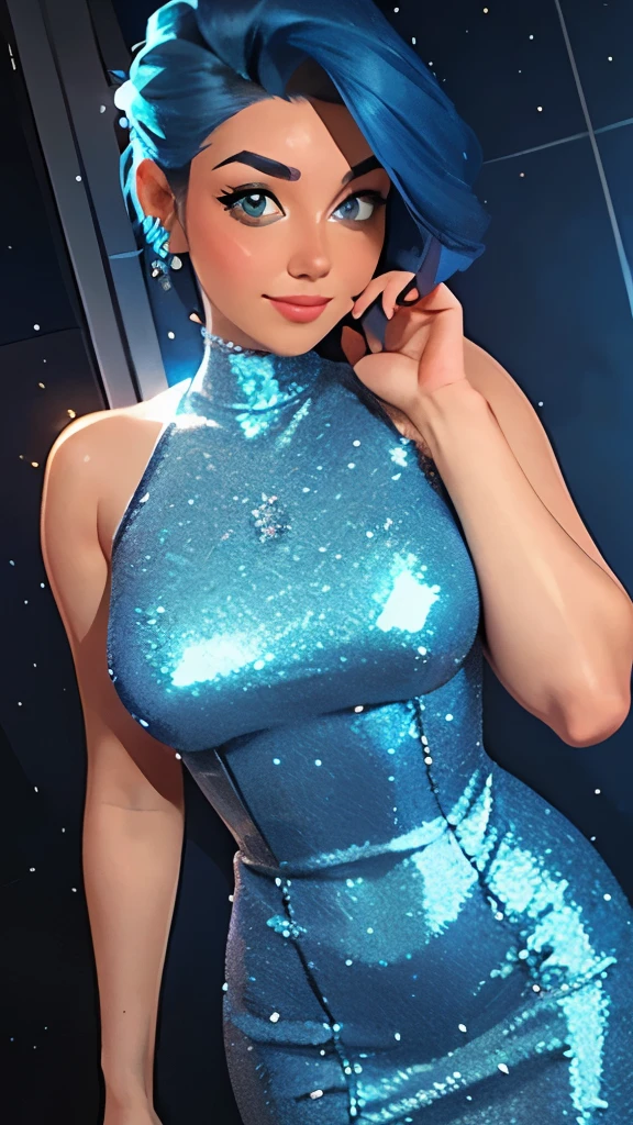 Mia, a 27-year-old Australian woman, stands at 5'8" with a curvaceous and athletic figure. Her striking neon green hair is styled in playful pigtails, cascading down to her shoulders. Mia possesses a very big breasts, and her vibrant blue eyes exude confidence and determination.
She wears deep blue sexy suit in laser game , bathed in neon lights