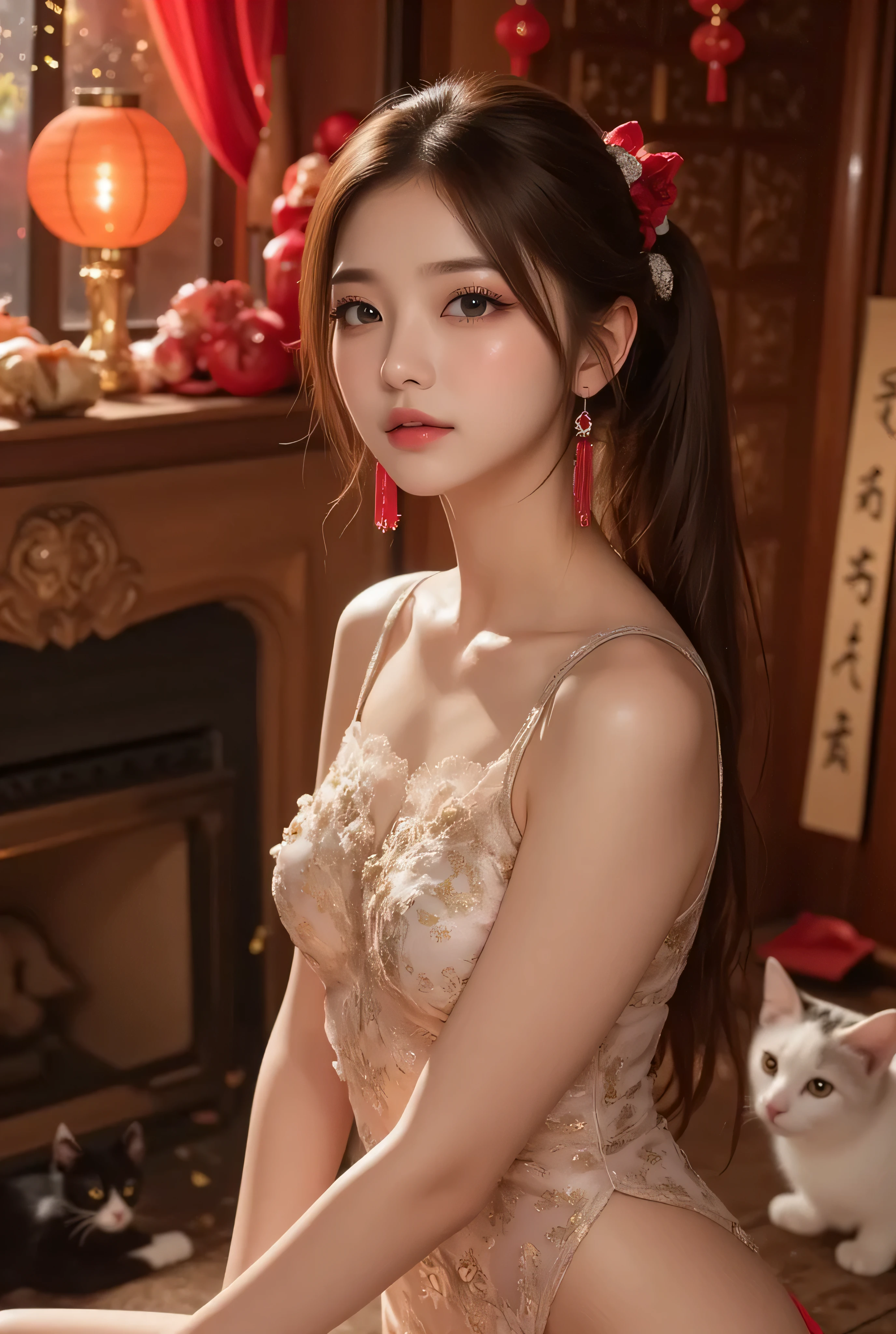 Cat ears、 face up、((( Lying in Bed)))  attractive,   pretty girl, ponytail、  ((   fine facial features  , eroticism)),   dramatic lighting    ,  realistic , 8k,     Dramatic Shadows  ,    intricate and elaborate patterns     ,      super detailed photo      ,     chiaroscuro lighting   ,     Pleasant colors   ,     deep contrast   ,    super real 、 pink lipstick、luxury earrings, luxury necklace, luxury hairpin, warm room、Vintage Fireplace 、 cinematic composition、Close-up of face,  A beautiful Korean idol wearing a short random colour cheongsam with golden or silver intricate floral embroidery, standing gracefully in a room filled with traditional Chinese New Year decorations. The room features vibrant red lanterns, decorative calligraphy scrolls, a small Chinese orange tree with golden ornaments, and several red envelopes scattered across the floor and hanging from the tree. Adorable, playful cats are part of the scene—some sitting near the tree, others curiously pawing at the red envelopes or lounging around. Through a window or an open door in the background, vibrant Chinese fireworks light up the night sky in an array of reds, golds, and blues, casting a magical glow into the room. The idol’s outfit is paired with subtle accessories like red hairpins or earrings, complementing the festive look. The atmosphere is warm and lively, filled with the joyful essence of the celebration, enhanced by the shimmering lights of the fireworks and the lively decor.