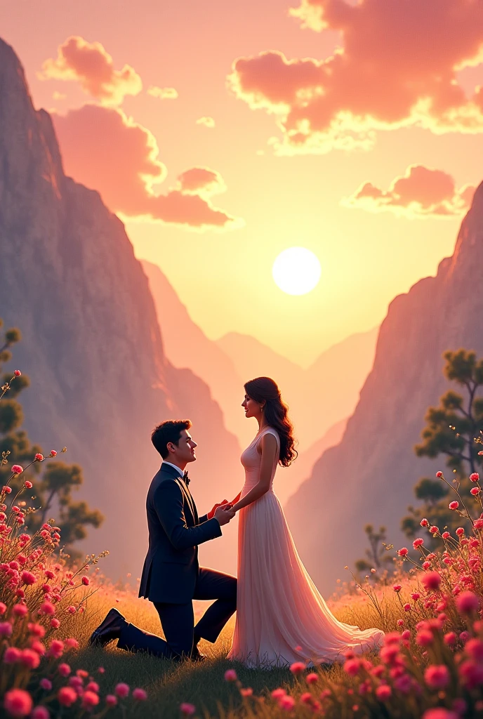 A teenage boy wearing a white dress proposing a teenage girl wearing a white saree at the end of the mountain with a background of beautiful sunset