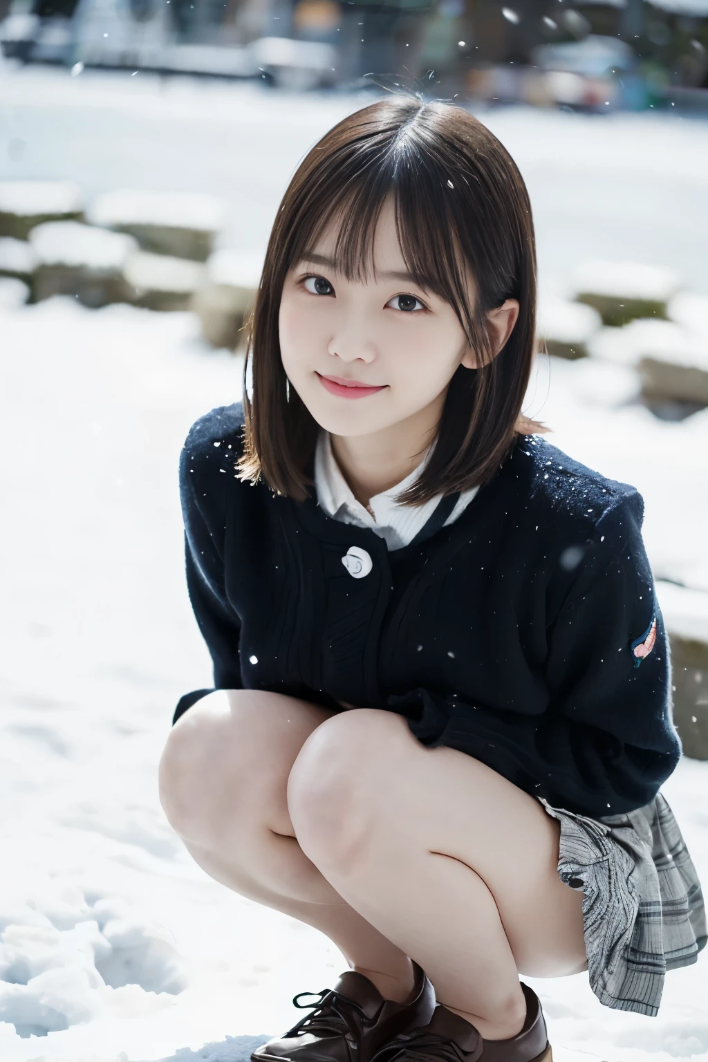 masterpiece, highest quality, 8K, (****ars old:1.3) , RAW photo, disorganized, award-winning portraits, alone, noon, idol face, delicate face, Digital single-lens reflex camera, looking at the viewer, (shy smile:1.2)、shame、flushed cheeks、thin arms, small breasts, nipples, small ass、thin waist、Frank, Sophisticated, like々New, thin arms, professional lighting, film grain, black eyes, chromatic aberration, (detailed eyes and face:1.0), (Bokeh:1.1),(hyper pretty face:1.3),(medium black hair:1.4), (winter clothes:1.3), (pleated mini skirt, :1.3), (white panties, high detailed:1.3) above the knee, angle from below, (squatting:1.3), looking at the viewer