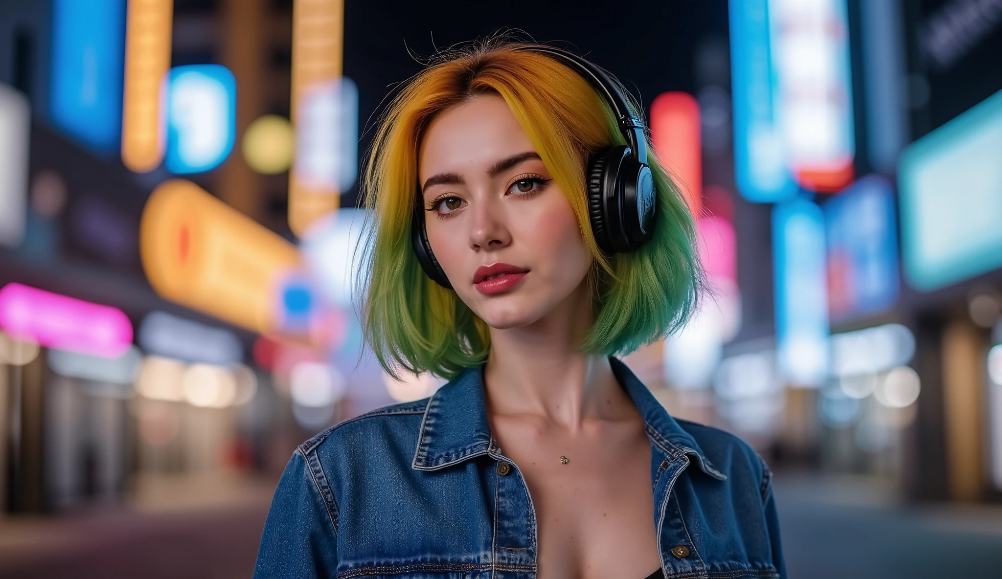 whole body、 low angle、Denim jacket、 beautiful collarbone 、美しいprofile、The best photos for TikTok、gold and green hair 、 sink、profile、 green inner color hair、 short hair、Beauty、 Dynamic Angle 、ヘッドフォンをしているBeauty、Night city background with neon lights