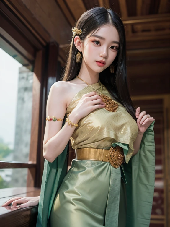 Best quality, masterpiece, ultra high res, (photorealistic:1.2).MEJI :she is a beautiful stage actress,starring as Akha hilltribe girl ,she is pround of her protruding breasts and nipples, and loves to present them to public.detailed skin,more slender and thin body,,round baby face,more realistic skin,small breasts,dark nipple,deep chest,(small hip),HI.. my name is MEJI ,I am a slim and skinny17 year old girl with long hair,,((what a slim and fragile girl she is !!!)),slenderness,thin and slender body,cheerful smile, teeth ,mouth open, wearing ( Akha tribal dress, colorful bead necklace ,bracelet) , on stage ,topless