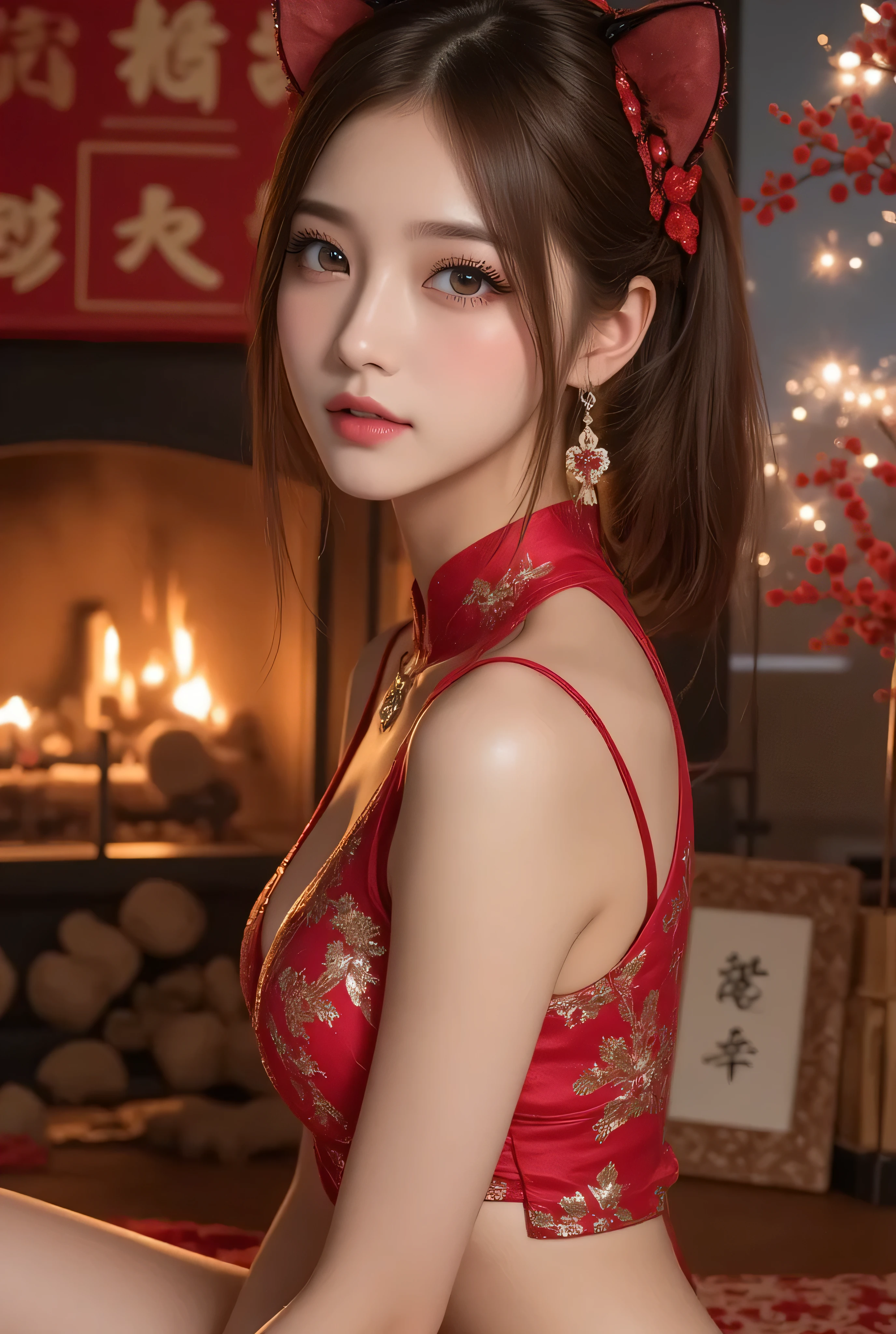 Cat ears、 face up、((( Lying in Bed))) attractive, pretty girl, ponytail、 (( fine facial features , eroticism)), dramatic lighting , realistic , 8k, Dramatic Shadows , intricate and elaborate patterns , super detailed photo , chiaroscuro lighting , Pleasant colors , deep contrast , super real 、 pink lipstick、luxury earrings, luxury necklace, luxury hairpin, warm room、Vintage Fireplace 、 cinematic composition、Close-up of face, A beautiful Korean idol wearing a short random colour cheongsam with golden or silver intricate floral embroidery, standing gracefully in a room filled with traditional Chinese New Year decorations. The room features vibrant red lanterns, decorative calligraphy scrolls, a small Chinese orange tree with golden ornaments, and several red envelopes scattered across the floor and hanging from the tree. Adorable, playful cats are part of the scene—some sitting near the tree, others curiously pawing at the red envelopes or lounging around. Through a window or an open door in the background, vibrant Chinese fireworks light up the night sky in an array of reds, golds, and blues, casting a magical glow into the room. The idol’s outfit is paired with subtle accessories like red hairpins or earrings, complementing the festive look. The atmosphere is warm and lively, filled with the joyful essence of the celebration, enhanced by the shimmering lights of the fireworks and the lively decor.