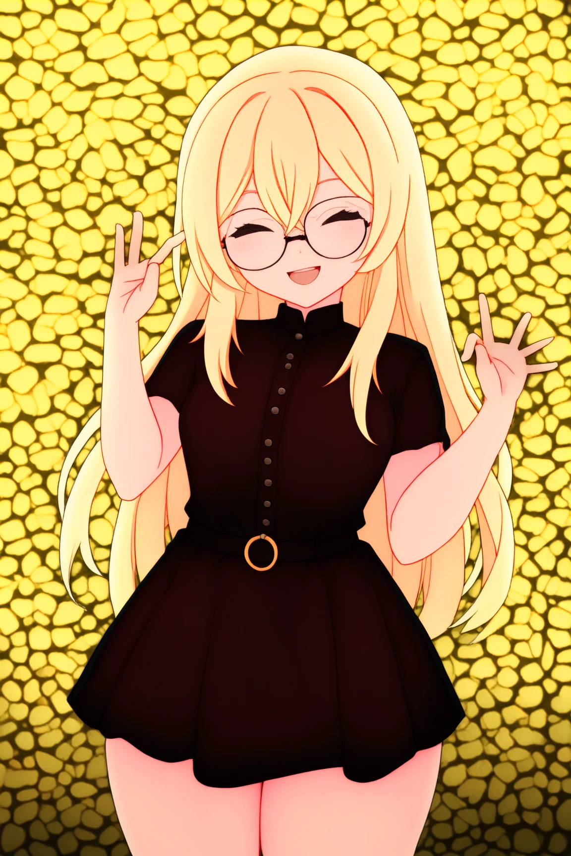  masterpiece, la mejor caliDaD, caliDaD increíble, alta caliDaD,  highres, General,
1 young woman, Alone , gothic, glasses, pechos granDes,  thick thighs, caDeras anchas, trasero granDe, soft leather, parte superior Del cuerpo,  smile, :D, Dientes, bolígrafo Diestro, lefthanDp3n miranDo al espectaDor,  outdoor,