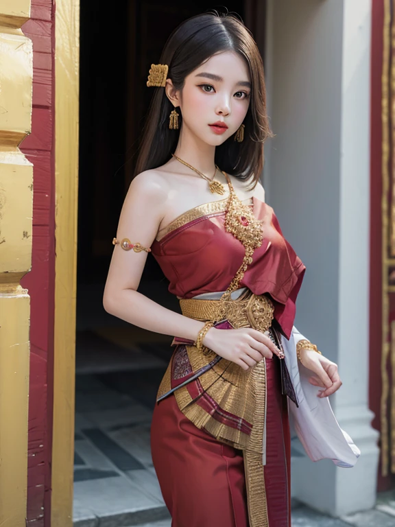 (realistic:1.3), Crazy details, quality, (Masterpiece:1.2), (ภาพrealistic:1.2), (qualityที่ดีที่สุด), (Beautiful skin:1.3), (There are complicated details....), Ray Tracing, ((full body)), ((ผู้หญิง 1 person)), (((1 person))), 18-20 years old, ((stand)), ((long hair, for a very long time., ปล่อยlong hair)), ((small waist)), ((Long legs, Beautiful thighs, thin)), smile, ((Red chest cloth)), Red coat, red striped skirt., Contrasting colors with dresses and skirts...., ((Show off one beautiful shoulder..)), ((โชว์Long legsสวย)), skirt pattern, earring, necklace, Javanese jewelry, ((Breast cleavage)), ((big breast)), ((Beautiful breasts)), ((เสริมbig breasts)), ((full chest)), ((big breasts)), Long legs, white skin, charming, sit, (blurred background),