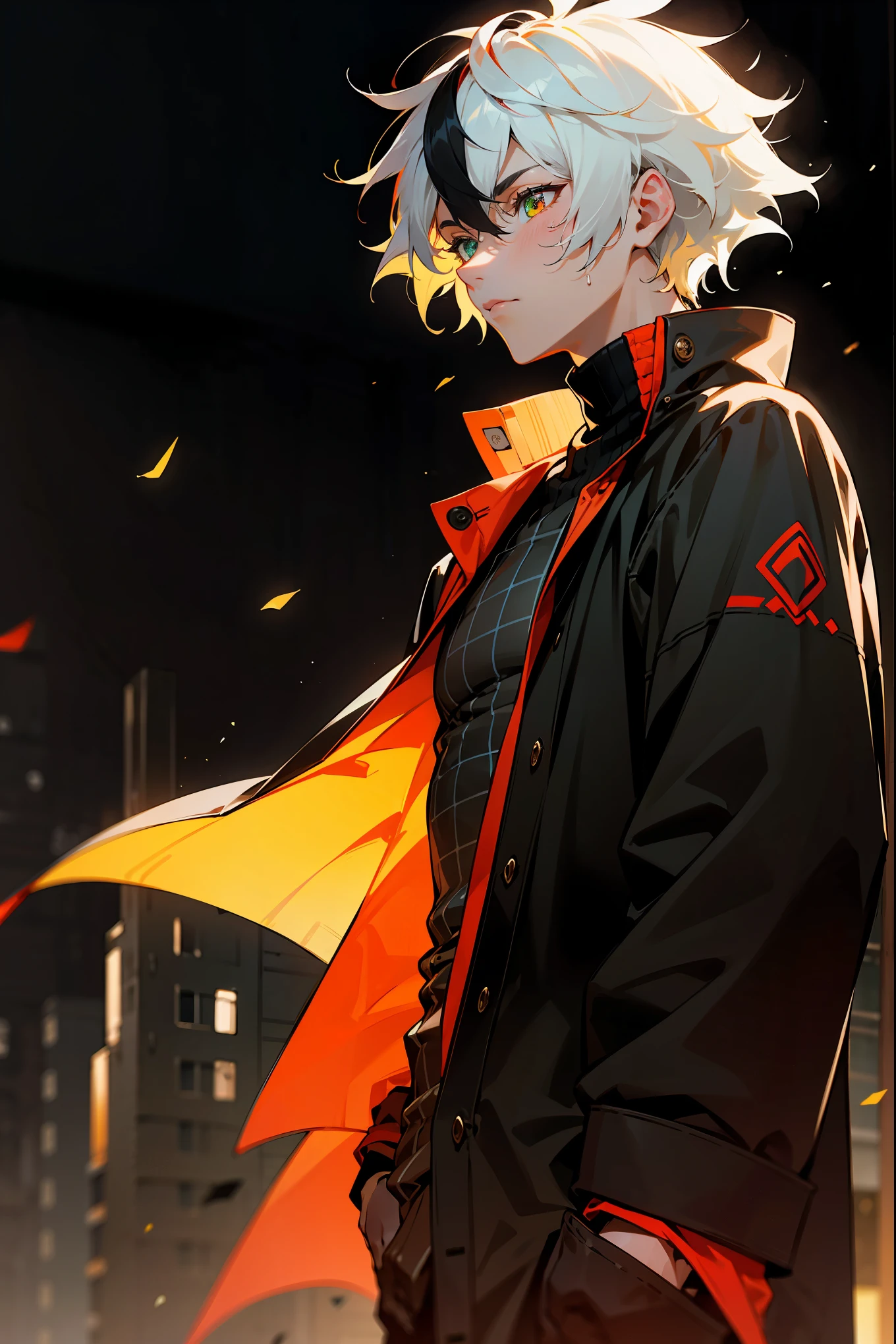 1male , Somber Expression , ((Black and White Hair)) , Two tone Hair , Ombre Hair , Red and Green Eyes , Heterochromia, Low cut messy hair , walking along the tokyo streets at the night the scene looks dark and slightly foggy with great lighting , he wears a black turtleneck fitted shirt and a black fleece jacket over and has tattoos on his neck and hands