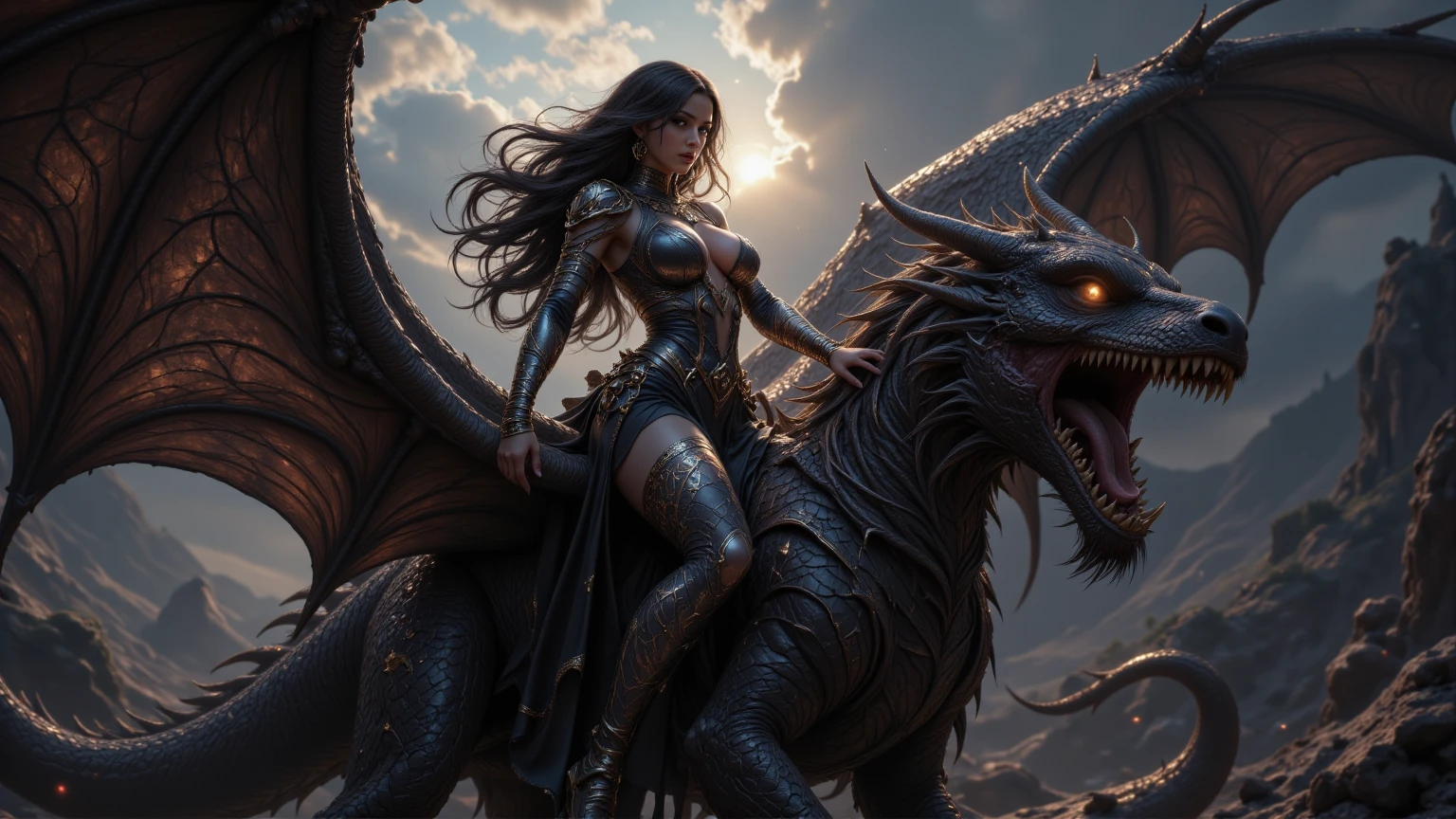 Woman riding a dragon,Large breasts,half-body shots,In the background are the sky,