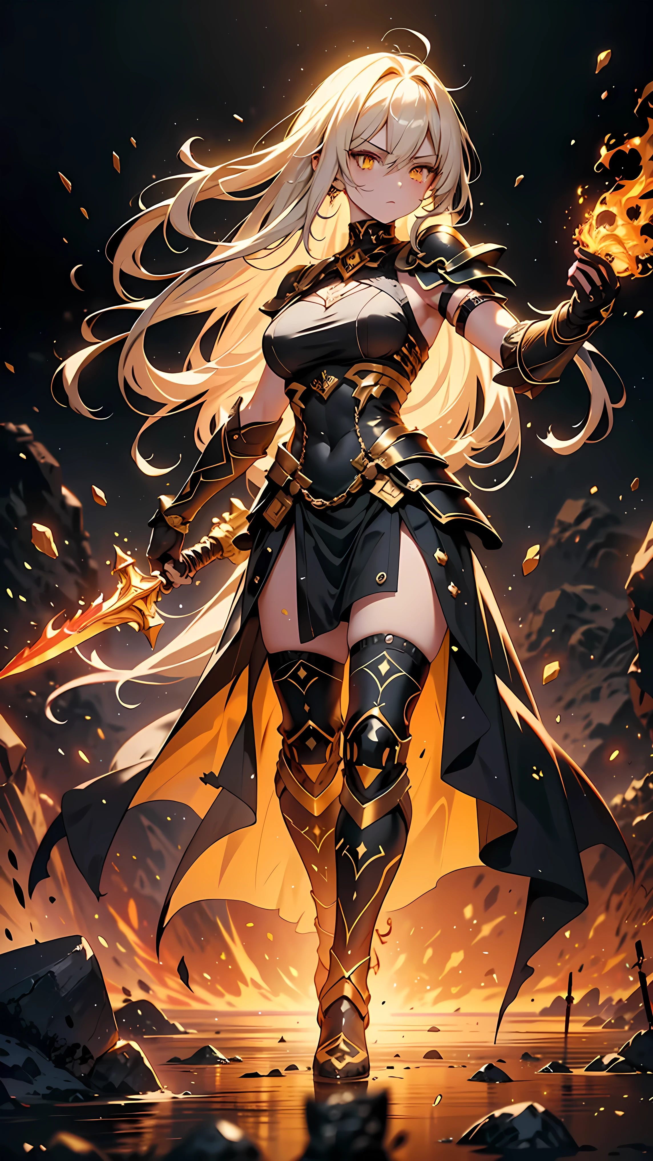 A warrior with long white hair , slightly messed up by the wind , and intense yellow eyes . Your body is strong and toned, but covered by an imposing black Spartan armor with gold details . She holds a flaming spear with a black handle firmly and is on an ancient battlefield, surrounded by dust and blood splashes . Her determined and fierce expression . warm lighting , dust particles in the air , Full body wide viewing angle. realistic style , 8k uhd, with cinematic grain .
