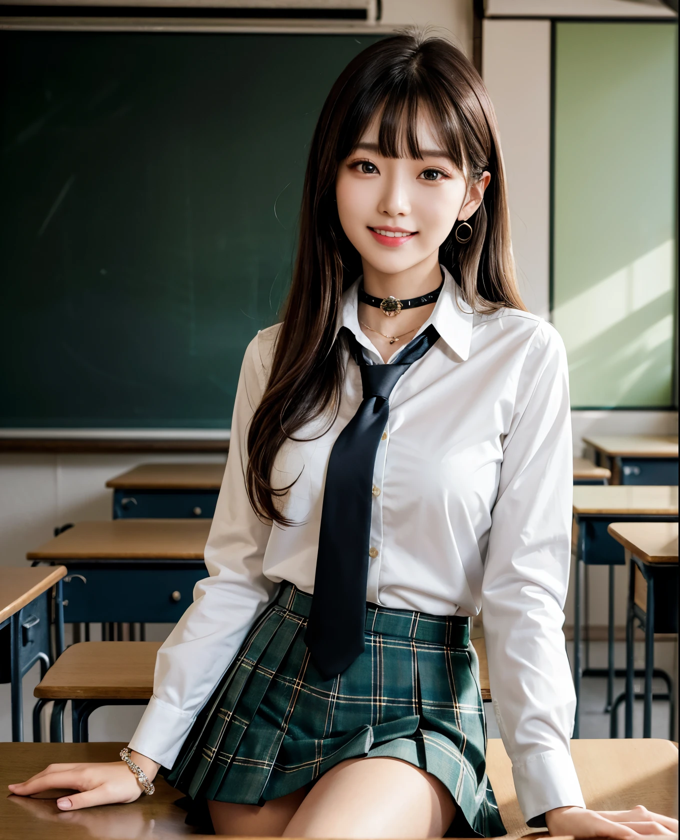 1girl,23yo.strawberry print panties ,.classroom brown eyes, brown hair, cardigan, female pubic hair, full body, gyaru, hair ribbon, lips, loafers, long hair, looking at viewer, panties, plaid, plaid skirt, realistic, red ribbon, , shirt, short sleeves, simple background, sitting, skirt, skirt lift, smile, solo, spls, standing, striped, white neckerchief, white shirt.