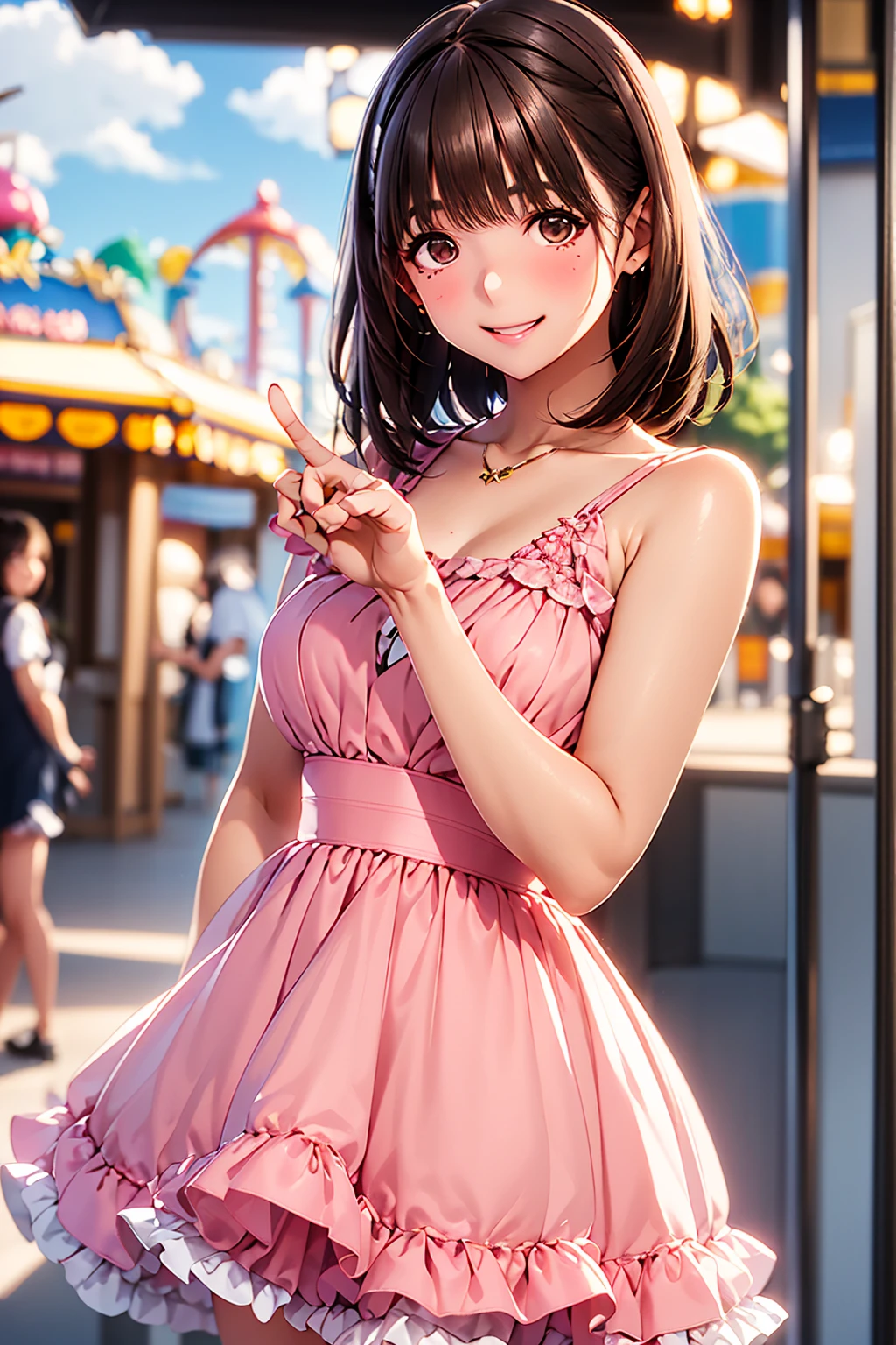 very cute and beautiful girl,(highly detailed beautiful face and eyes:1.2),(pink leotard:1.2),(sleeveless),(laugh),
festival in town street,(parade:1.2),(many people wearing pastel costume),flags,confetti in sky,outdoors,depth of field,
cowboy shot,standing,dynamic pose,dynamic angle,black hair,hair band,
(best quality,masterpiece:1.2),intricate details,extremely detailed,highres,
hair fluttering in the wind,