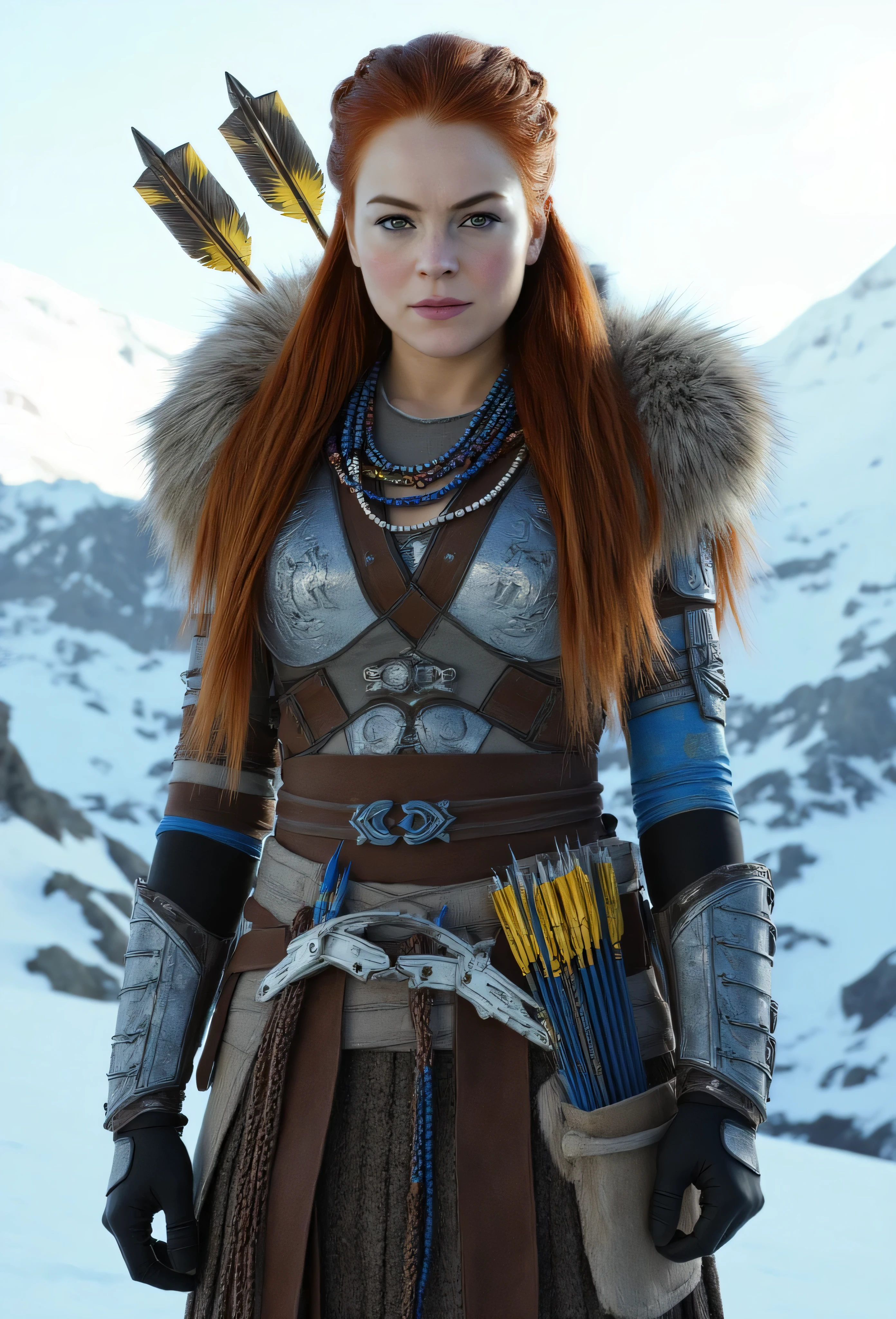 professional studio photo shoot of Lindsay Lohan as Aloy, fierce female warrior, stands, frozen mountainous landscape, long reddish-brown hair, partially braided, strands flowing in the wind, battle attire, tribal and futuristic elements, layered armor made of metal leather and fur, intricate blue warpaint on arms, feathers, beads, reinforced plating, finely crafted bow is slung across her back, quiver of glowing golden arrows rests on her belt, snow-covered peaks, highly detailed, semi-realistic, fantasy and sci-fi aesthetics, sleek fitted look, Fujifilm XT3, F/8, photo-realistic face, upper body, cowboy shot, w4rh4mm3r style oil painting