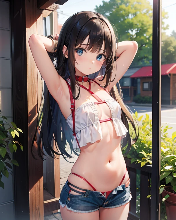 (masterpiece), Highest quality, One girl, , 8-****-***, Cute  girl, Flat Chest, Black Hair, Very long hair, View your viewers, She wears a sturdy collar made of bright red leather., 
Strapless clothing, White lace outfit, Expose the clavicle, Not wearing a bra, Erect nipples, Lace frills on the chest, The frills make the skin look translucent., Flip up the frills to show your breasts, Belly button, A bulging belly, Exposing the flanks, 
Not wearing panties, denim micro mini shorts, Extremely low cut shorts, Extremely low rise shorts, Ultra-short shorts that show off your V-line, Expose your hips, Shorts are unbuttoned, She unzips her shorts, Open the front of your shorts, She pulls down her shorts, She has taken off her shorts so you can see her crotch, I can see the pussy, She purposely shows off her pussy, I can see the crotch lines, she has no pubic hair, 
White thigh-high socks, Walking around town, Standing in a crowd,