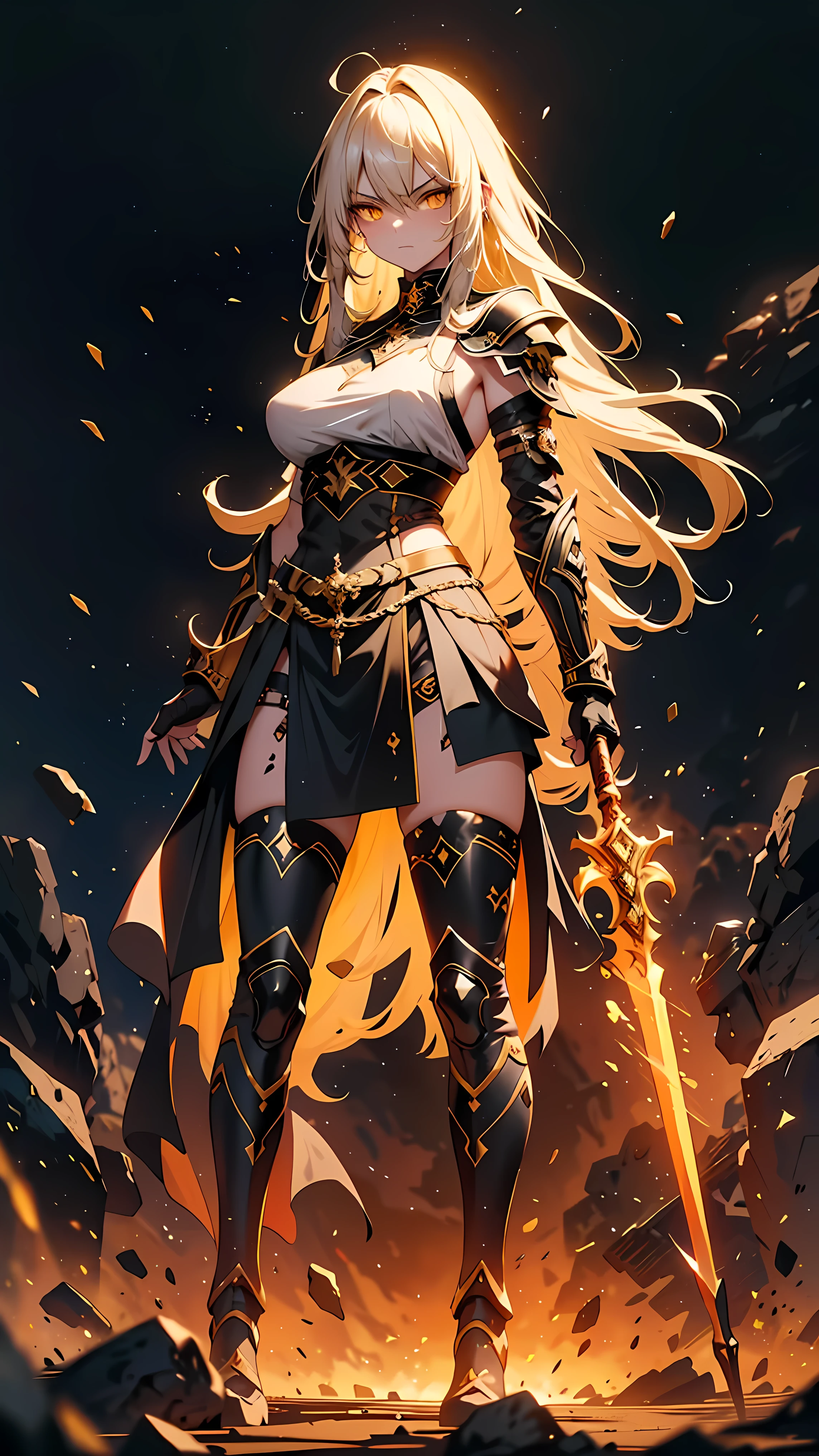 A warrior with long white hair , slightly messed up by the wind , and intense yellow eyes . Your body is strong and toned, but covered by an imposing black Spartan armor with gold details . She is holding a medieval spear with a black handle and flaming blade firmly. She's on an ancient battlefield, surrounded by dust and blood splashes . Her determined and fierce expression . warm lighting , dust particles in the air , Full body wide viewing angle. realistic style , 8k uhd, with cinematic grain .