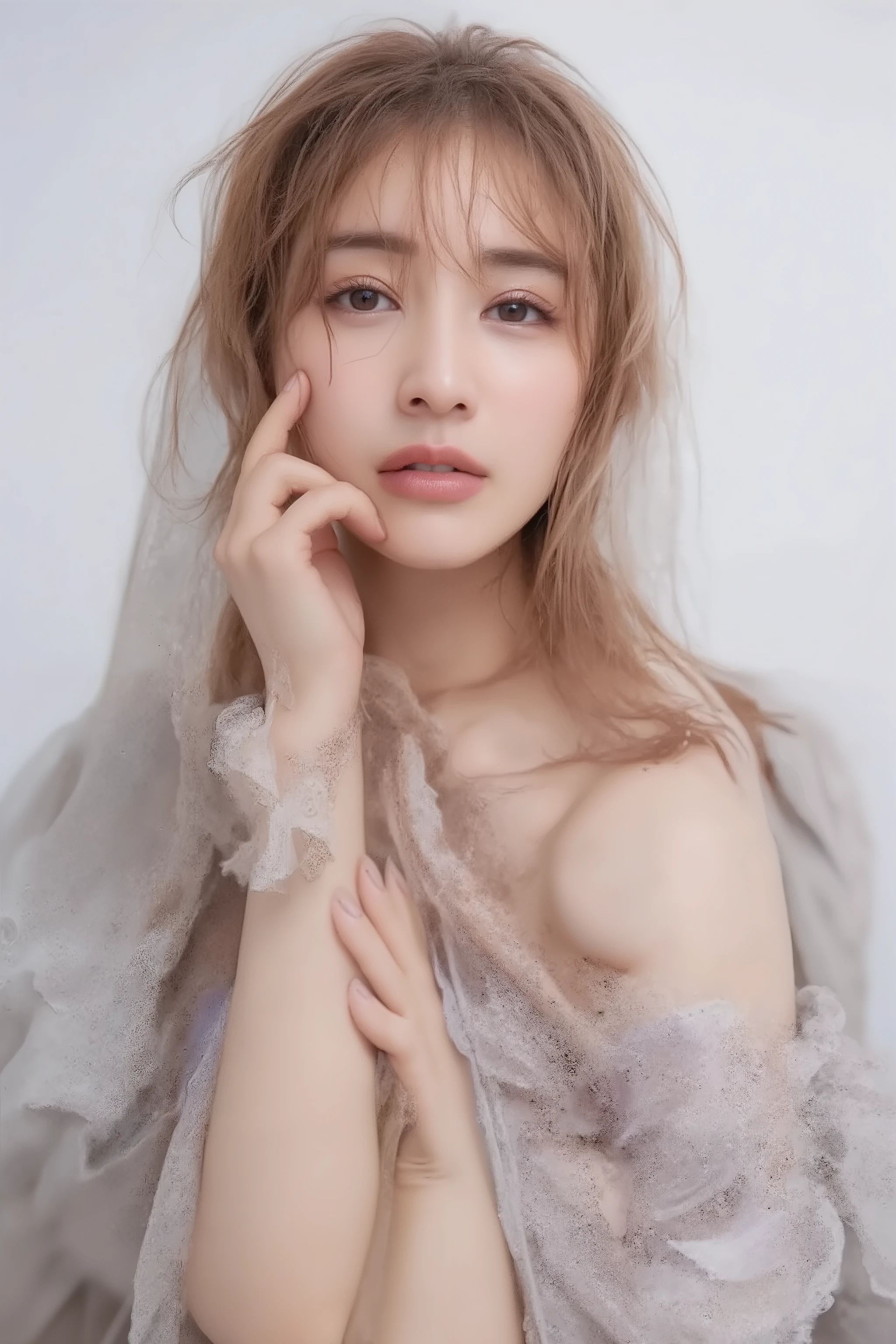 (( big breasts:1.2)),( masterpiece:1.2), very well detailedな, ultra high resolution, ( by Nomi, photo by Nomi:1.37), high resolution RAW color photo, pro pics, very delicate and beautiful , very well detailed, Details, large file size , very well detailed beautiful girl, very well detailed face, very well detailed eyes, very well detailed skin, very well detailed nose, very well detailed mouth, perfect anatomy, very well detailed背景, Glowing Skin, ( Famous Japanese Actress:1.2), ( that improves white space :1.25), ponytail, big breasts, (Brown々, dark skin on the tip of the mouth, ブロンド:1.55), dynamic lighting, ( Dynamic Pose ), white dress, ( see-through:1.5), (Wet cloth:1.2), Calm Seas , crystal clear water, gentle waves, (whole body:1.3),Shrapnel