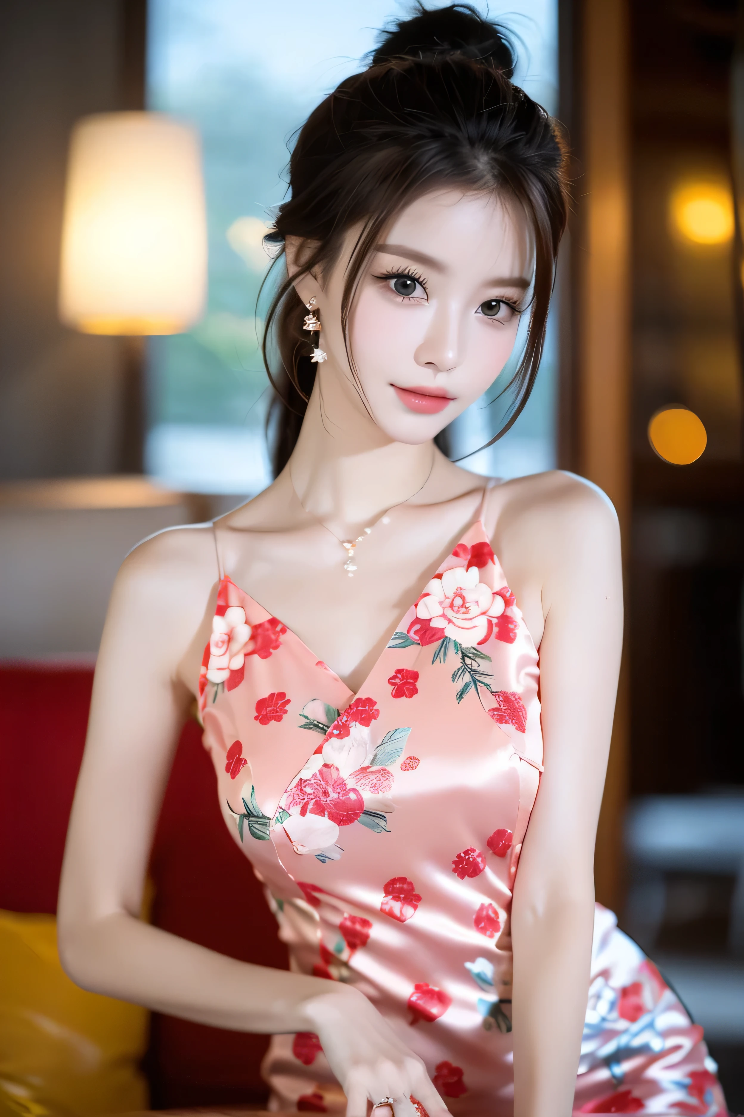 close-up of beautiful korean female, 34 inch breasts size, smiling, wearing camisole tiger pattern, walking in China town, night, holding apple, UHD
