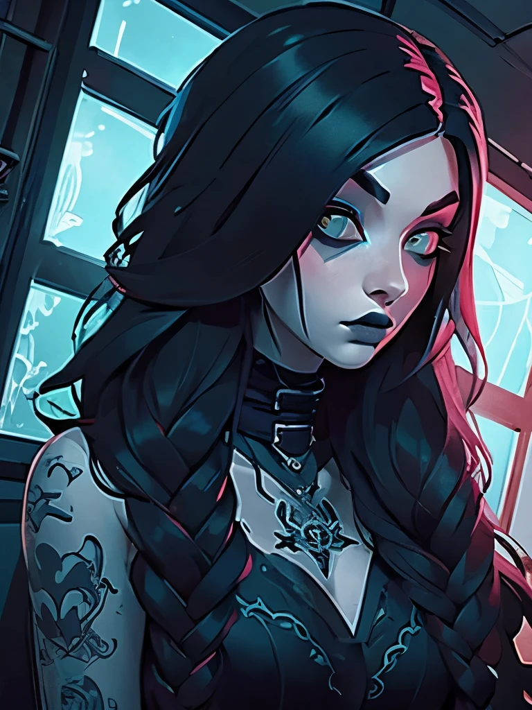 a sexy girl with a punk-gothic appearance and long hair attends the shop at the counter, fantastic shop, disturbing, strange, unnatural, (Rembrandt Lighting: 1.3) light particles, shop with large jars, jars with eyes, jars with heads , cat on stage, close-up of upper body, fantastic angles (art inspired by Bill Sienkiewicz, oil painting)