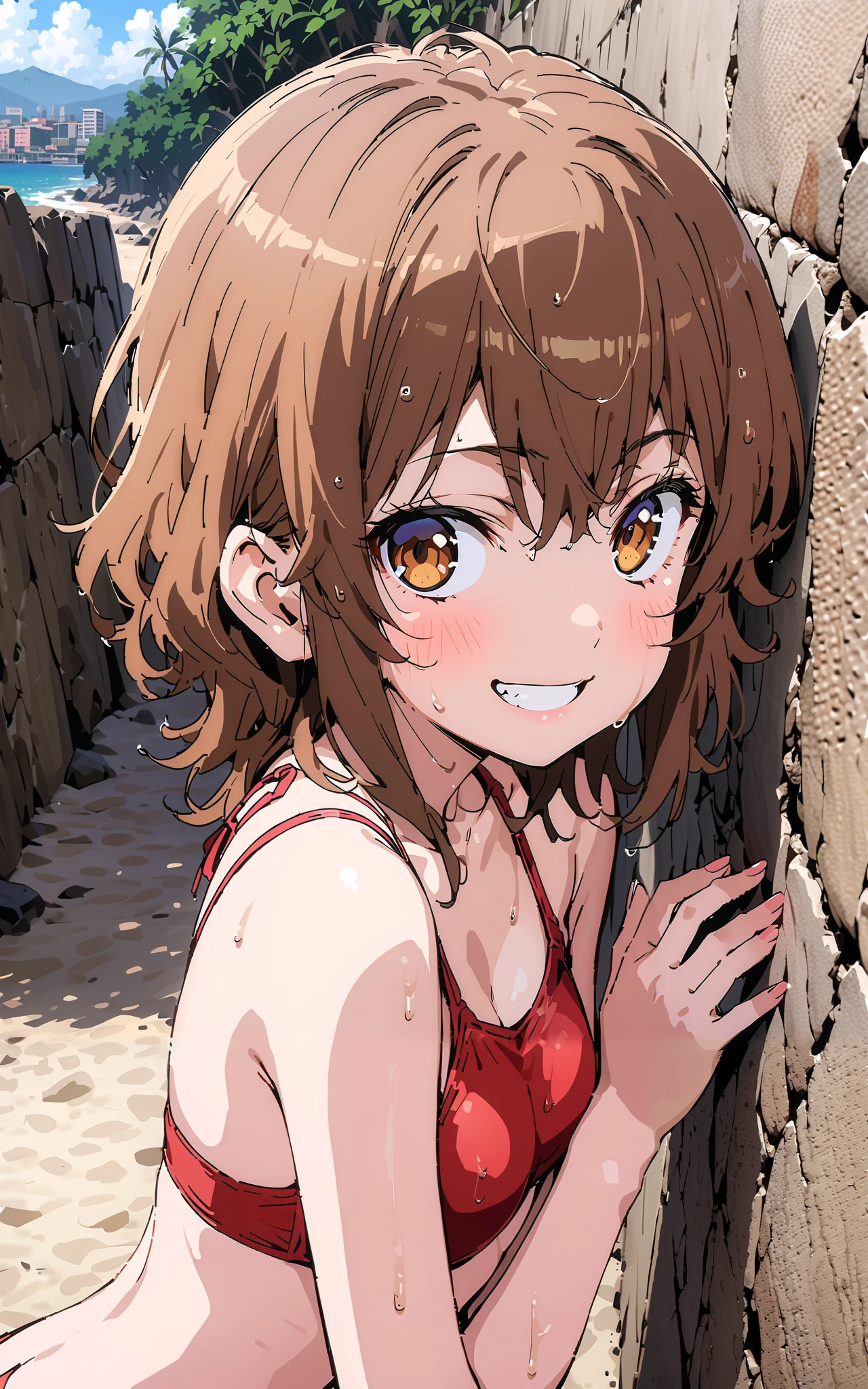 Liliru Card, Liliruca is burning, brown eyes, brown hair, short hair,smile,blush, grin ,Red string bikini swimsuit,Bare legs, tanning, brown skin, wet hair, wet skin on the wall, wet swimsuit , is standing,whole bodyがイラストに入るように,
break outdoors, beach,sea, sandy beaches,
break looking at viewer,whole body,
break ( Masterpiece:1.2), top quality , kampala, Unity 8k Wallpaper,(shape:0.8),( fine, beautiful eyes :1.6),It's a person ,whole body写真,CG Details , ( perfect hands, Complete Anatomy),