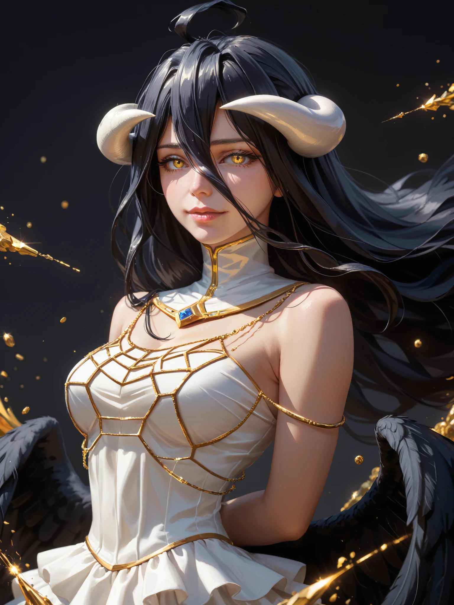 A high resolution, Sharp focus, Pixiv masterpiece, ((Intricate details)), Highly detailed, 1girl, Black wings, Gold-white dress, White horns, Albedo_Overlord, Black hair, (Low wing,:1.1), Upper body, black background, gold dust, gold sparks, gold particles, ((arms behind back)), 