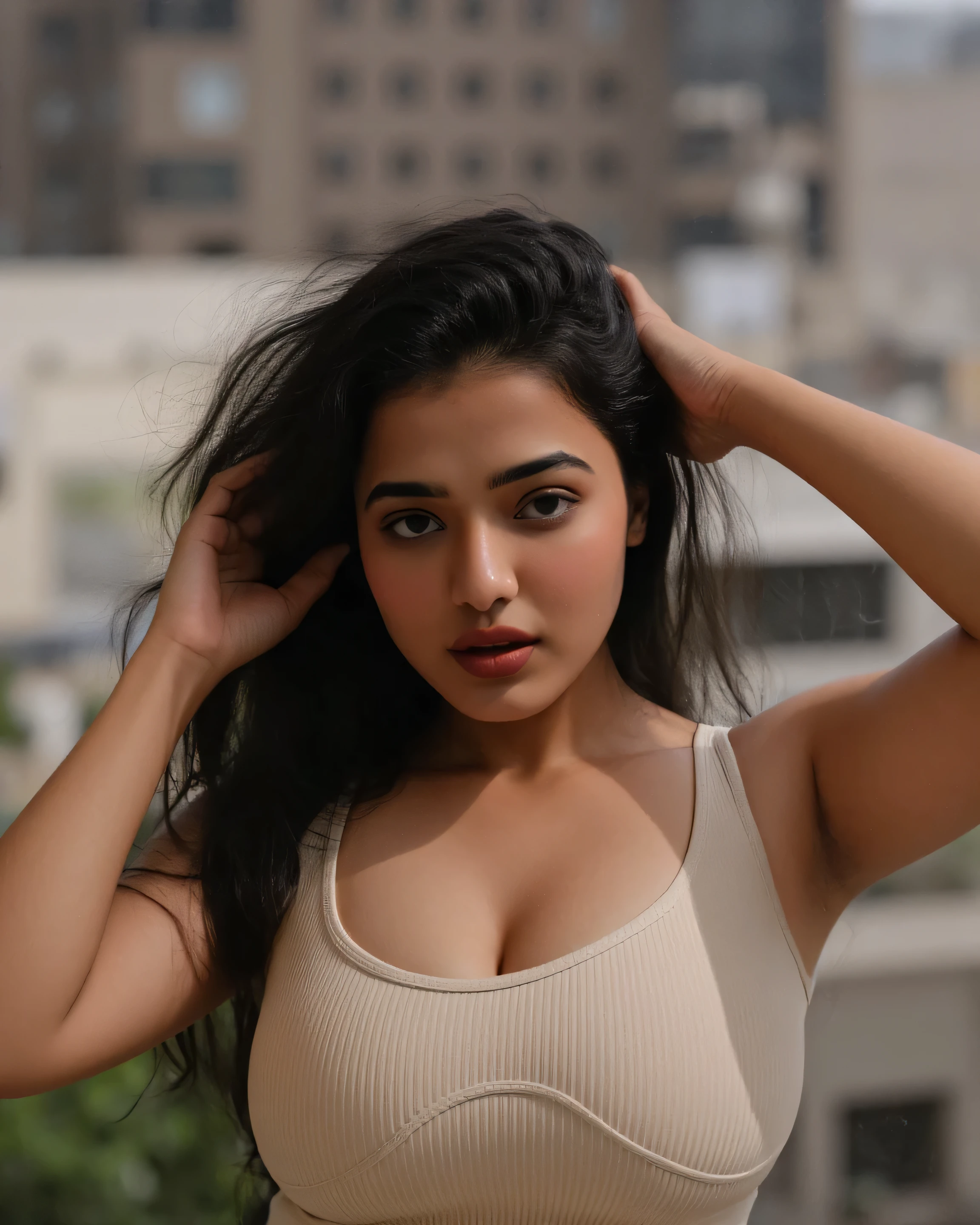 photo of indian girl having seductive facial expression and deep cleavage and look wide angle photo wearing sexy hot onepiece