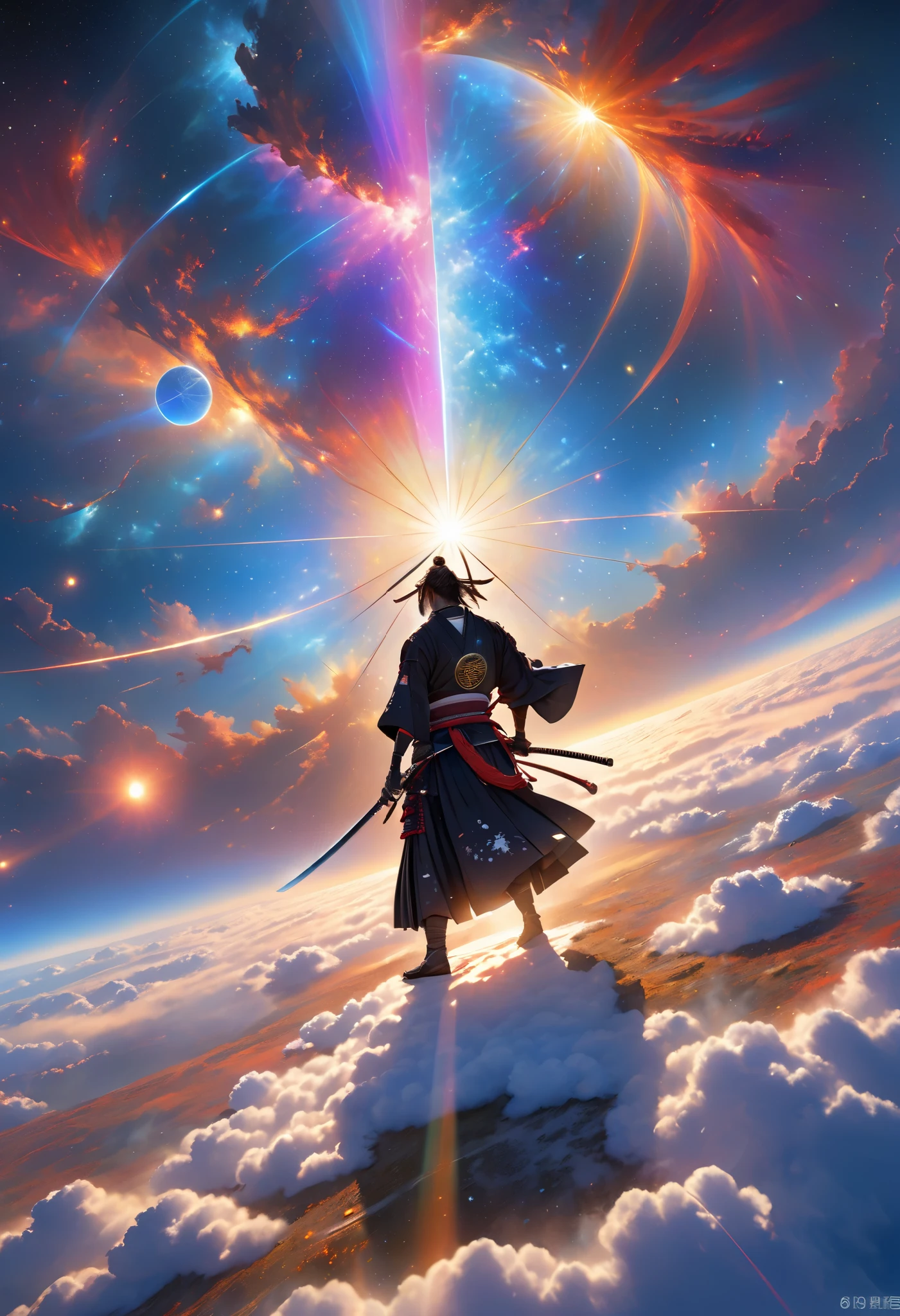 Japanese samurai , Samurai Standing on a Round Earth  , holding a sword,  Cutting the Moon with the Backlit Sun, dynamic angle ,Ultra-fine,  Border Depth ,  wide-angle lens,meteor,nebula,art,Cosmic Light Source   ,  complicated details  ,Volumetric Lighting,  top quality ,  very well detailed, Moving Composition ,  very well detailed, Vacuum Light ,  dreamy ,  magic  ,  lens flare,  high image quality ,   Seduces Customers , smooth