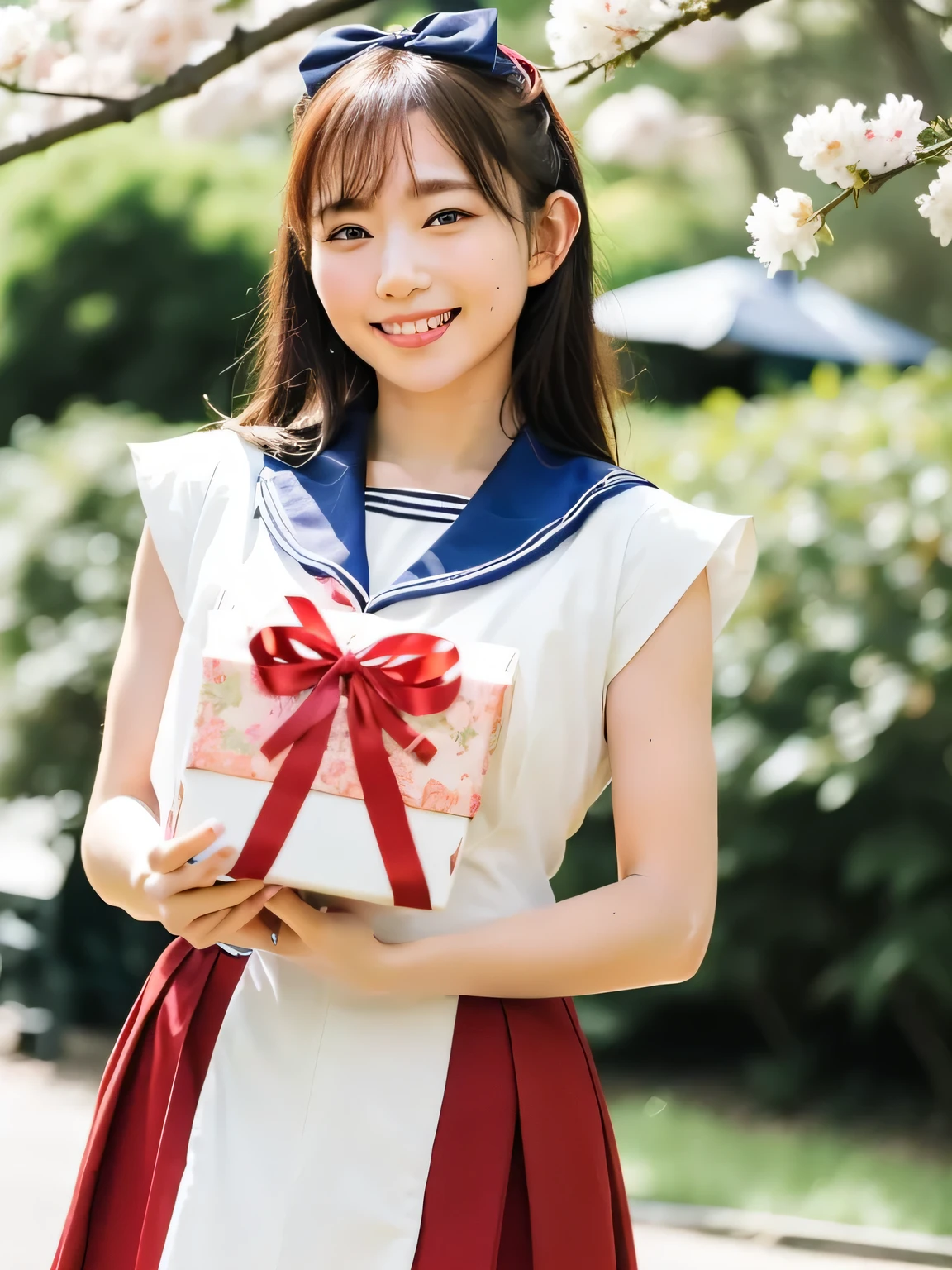 A stunningly beautiful 20-year-old woman stands in a lush green park full of cherry blossoms in full bloom under a clear blue sky. She is wearing a classic sailor uniform and holds a neatly wrapped gift box with a red ribbon in both hands in front of her chest. The box is small, wrapped in decorative paper, and tied with a bow. She looks very happy, with a radiant and joyful expression.A stunningly beautiful 20-year-old woman stands in a lush green park full of cherry blossoms in full bloom under a clear blue sky. She is wearing a classic sailor uniform and holds a neatly wrapped gift box with a red ribbon in both hands in front of her chest. The box is small, wrapped in decorative paper, and tied with a bow. She looks very happy, with a radiant and joyful expression.