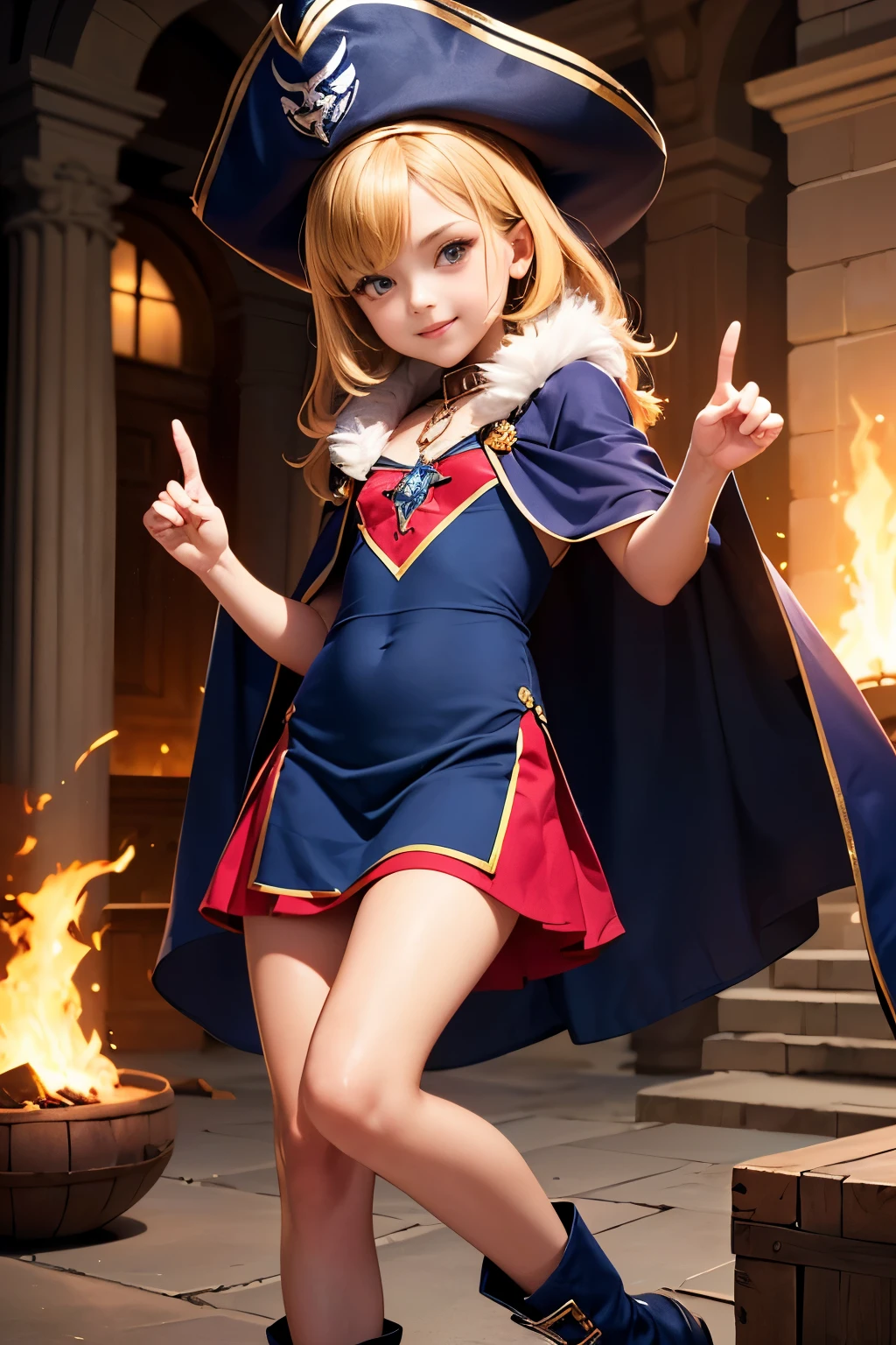 (Surrealism, retina, masterpiece, accurate, anatomically correct, super detail, best quality, 8k, extremely precise in every detail, beautiful detailed glow, beautiful attention to detail, beautiful detailed eyes:1.3), a young girl is shooting a fire-ball magic, skinny body, (flat chest like a boy:1.4), long blonde hair, (wearing a short navy blue dress with decorated red fronts:1.2), (wearing a navy cloak with fur on the collar over the navy blue dress:1.2), wearing a embellished navy short boots and a pirate hat, (anatomically correct fingers, anatomically correct hands:1.4), Precisely drawn fingers BREAK female school Wizard, Half Summoner, Alchemist Girl, Preschool Wizard, Epic Magical Girl Character, JRPG characters art, Young Female Wizard, High definition official artwork, Female preool Wizard, Bright Witch, Beautiful Wizard, smiling, accompanying by a large firebird, Flame magician girl!!