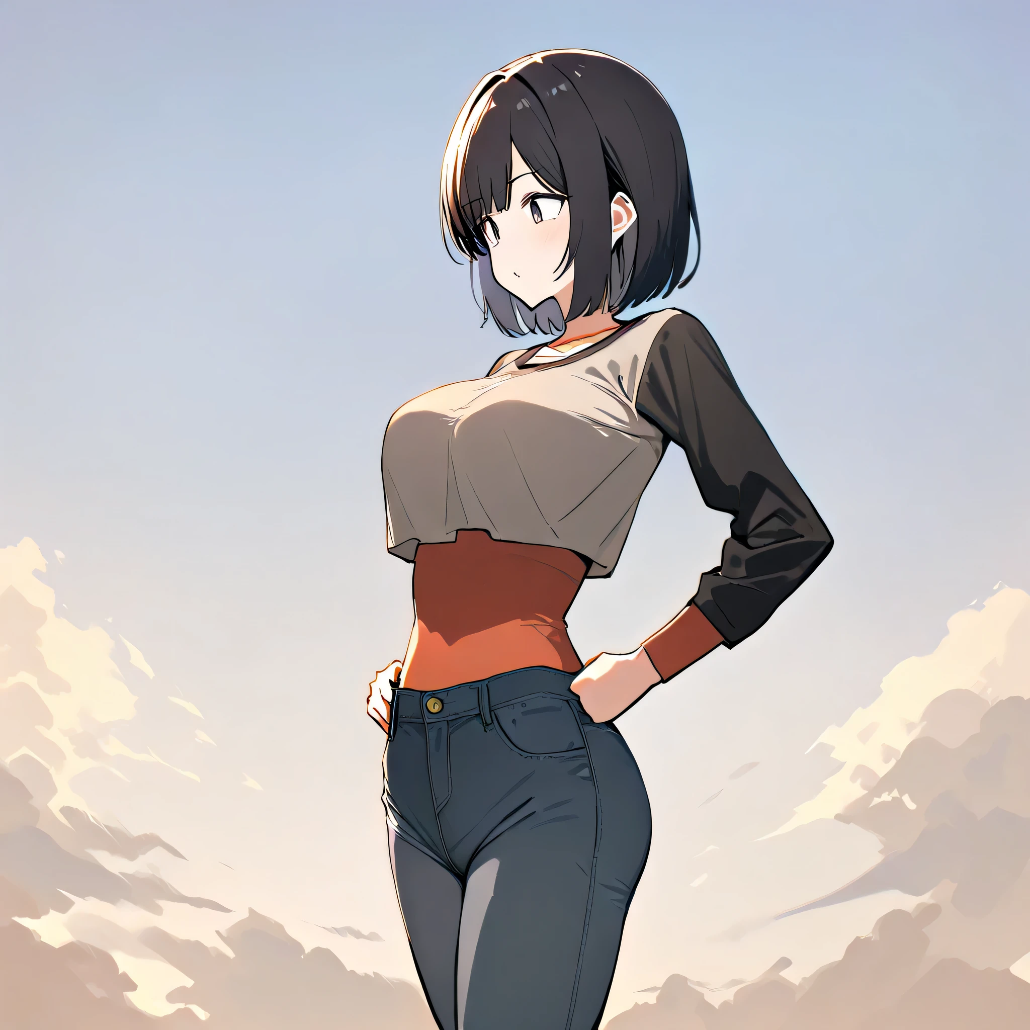  girl　 breasts are big　 black hair　Short hair　 SIMPLE 　 plain clothes 　 is standing　(( highest resolution))
