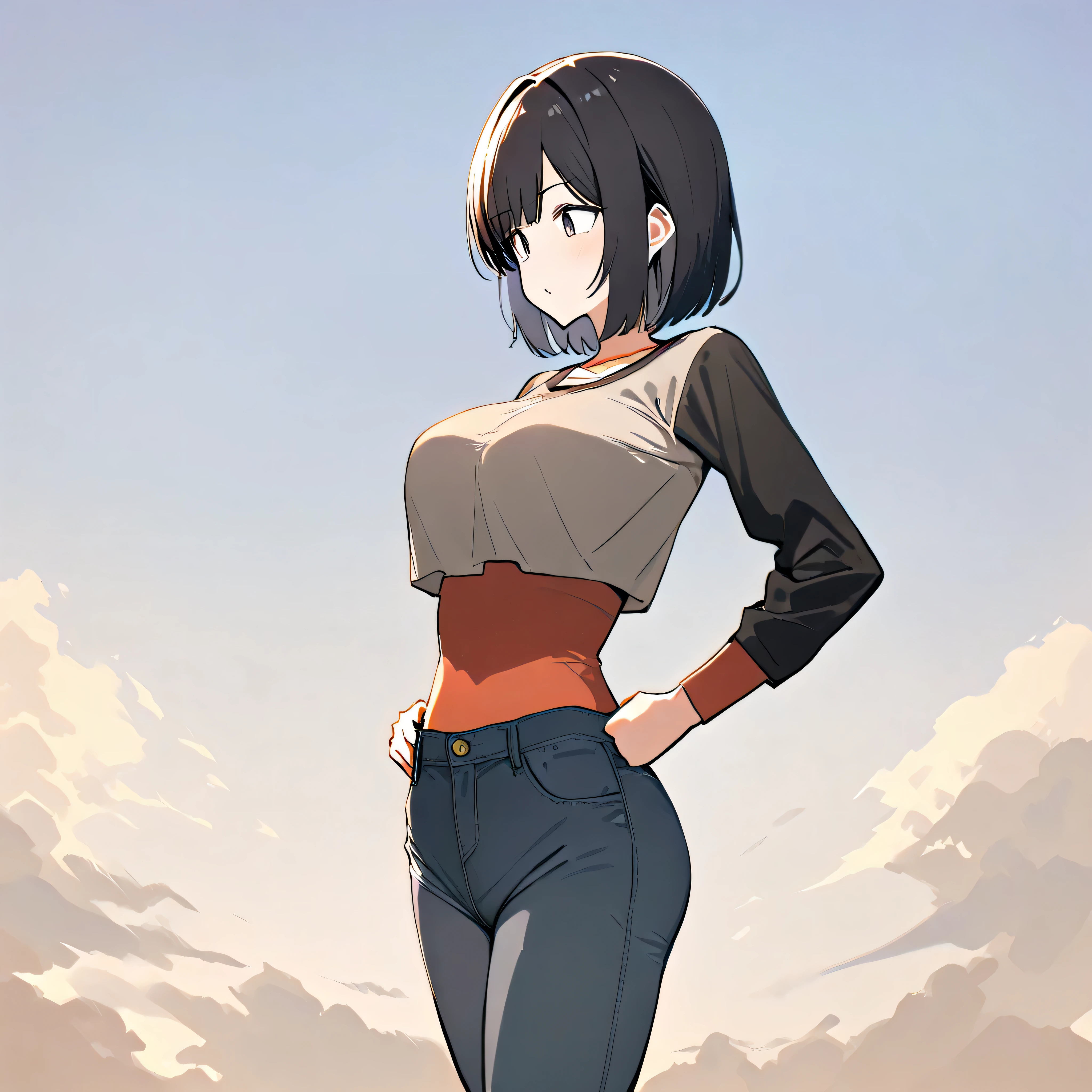girl breasts are big black hair Short hair SIMPLE plain clothes is standing (( highest resolution))