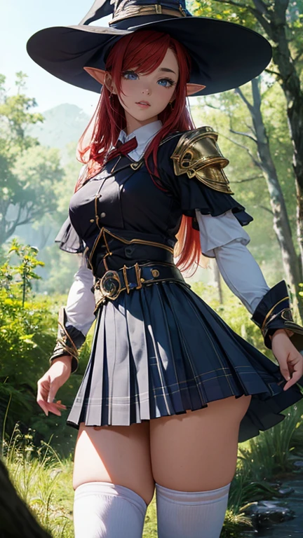 Redhead warrior, medieval fantasy, D&d, RPG, ultra realistic, ultra detailed, best quality, 8k, wallpaper, steel breastplate, steel boots, steel gauntlets, steel gloves, skirt lifted, red skirt, panties, white panties, panty view, upskirt, thong, cameltoe, pantyshot, RAW,