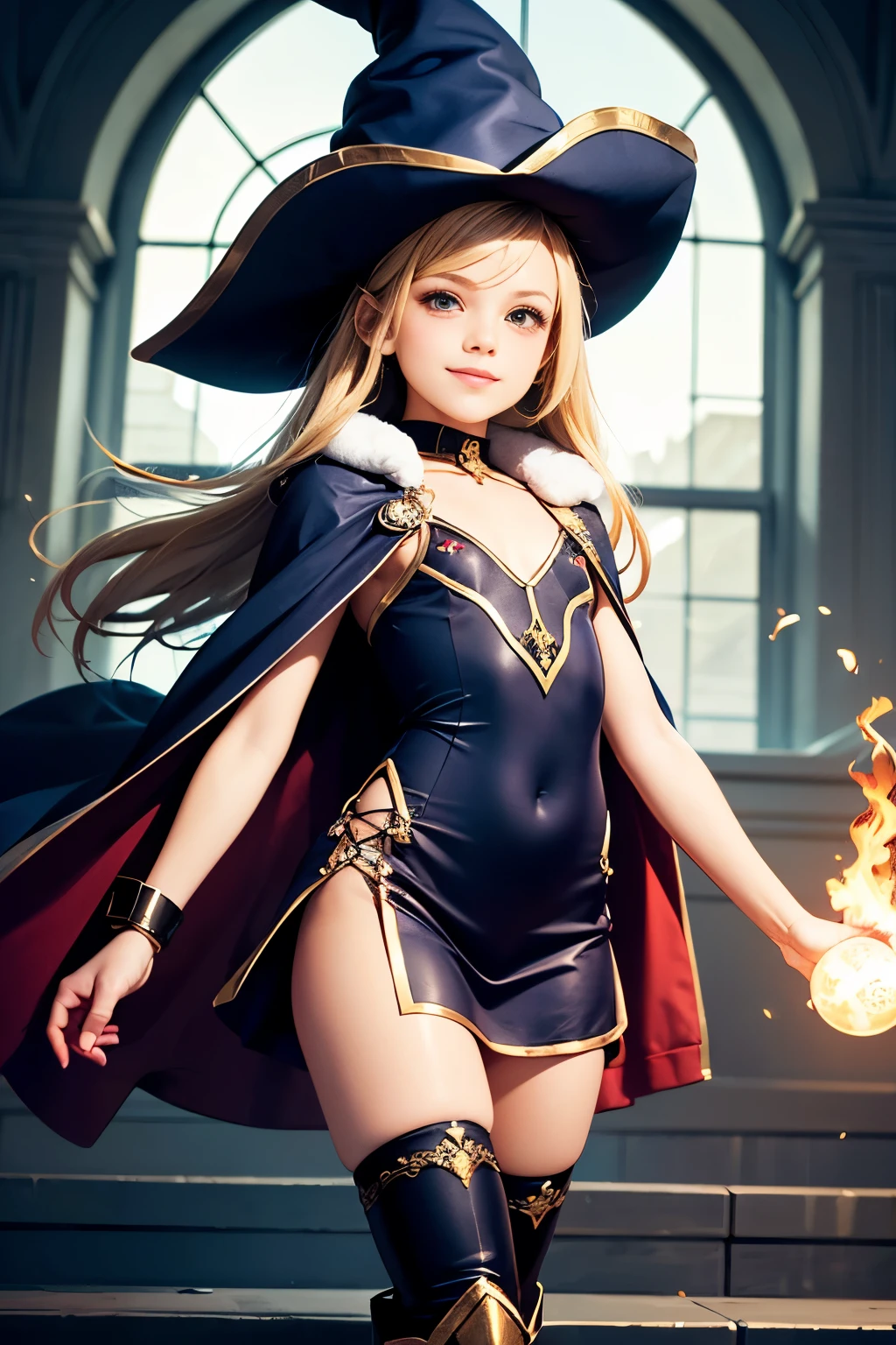 (UHD, retina, masterpiece, accurate, anatomically correct, super detail, best quality, 8k, extremely precise in every detail, beautiful detailed glow, beautiful attention to detail, beautiful detailed eyes:1.3), a young girl in a short navy blue dress with decorated red fronts shooting a fire-ball magic, skinny body, (flat chest like a boy:1.4), long blonde hair, (wearing a navy cloak with fur on the collar), wearing a embellished navy short boots and a pirate hat, female preschool Wizard, Half Summoner, Alchemist Girl, Preschool Wizard, Epic Magical Girl Character, JRPG characters art, Young Female Wizard, High definition official artwork, Female school Wizard, Bright Witch, Beautiful Wizard, smiling, accompanying by a large firebird, Flame magician girl!!