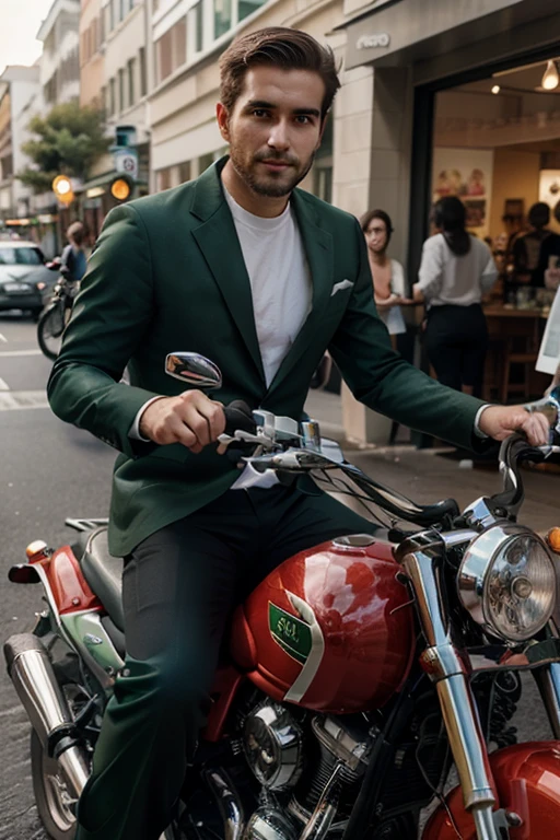 In the image, there is a man seated on a motorcycle. The man is dressed in a formal attire consisting of a vest and tie, suggesting a blend of casual and formal elements. The motorcycle has a distinctive green color with black accents, indicating a custom or special edition model. The setting appears to be indoors, as suggested by the presence of a backdrop that includes text, which is partially obscured. The overall composition suggests a promotional or advertisement context, possibly related to the brand or model of the motorcycle.