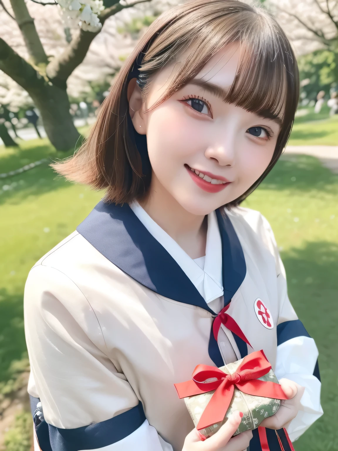 A stunningly beautiful 20-year-old woman stands in a lush green park full of cherry blossoms in full bloom under a clear blue sky. She is wearing a classic sailor uniform and holds a neatly wrapped gift box with a red ribbon in both hands in front of her chest. The box is small, wrapped in decorative paper, and tied with a bow. She looks very happy, with a radiant and joyful expression.A stunningly beautiful 20-year-old woman stands in a lush green park full of cherry blossoms in full bloom under a clear blue sky. She is wearing a classic sailor uniform and holds a neatly wrapped gift box with a red ribbon in both hands in front of her chest. The box is small, wrapped in decorative paper, and tied with a bow. She looks very happy, with a radiant and joyful expression. 