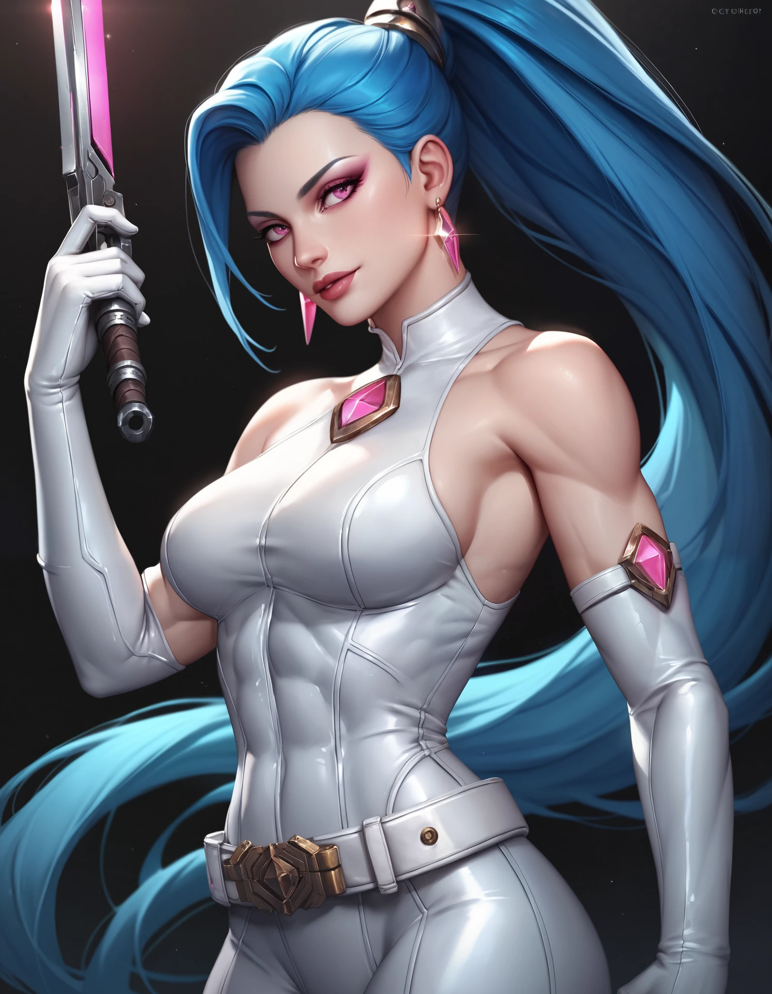 vibrant colors, 8K, high resolution, highly detailed, masterpiece, ((my little pony)), (striped white hair), (pale body), (gray eyes) seductive face, woman's tactical gear, standing, big breasts, beautiful body