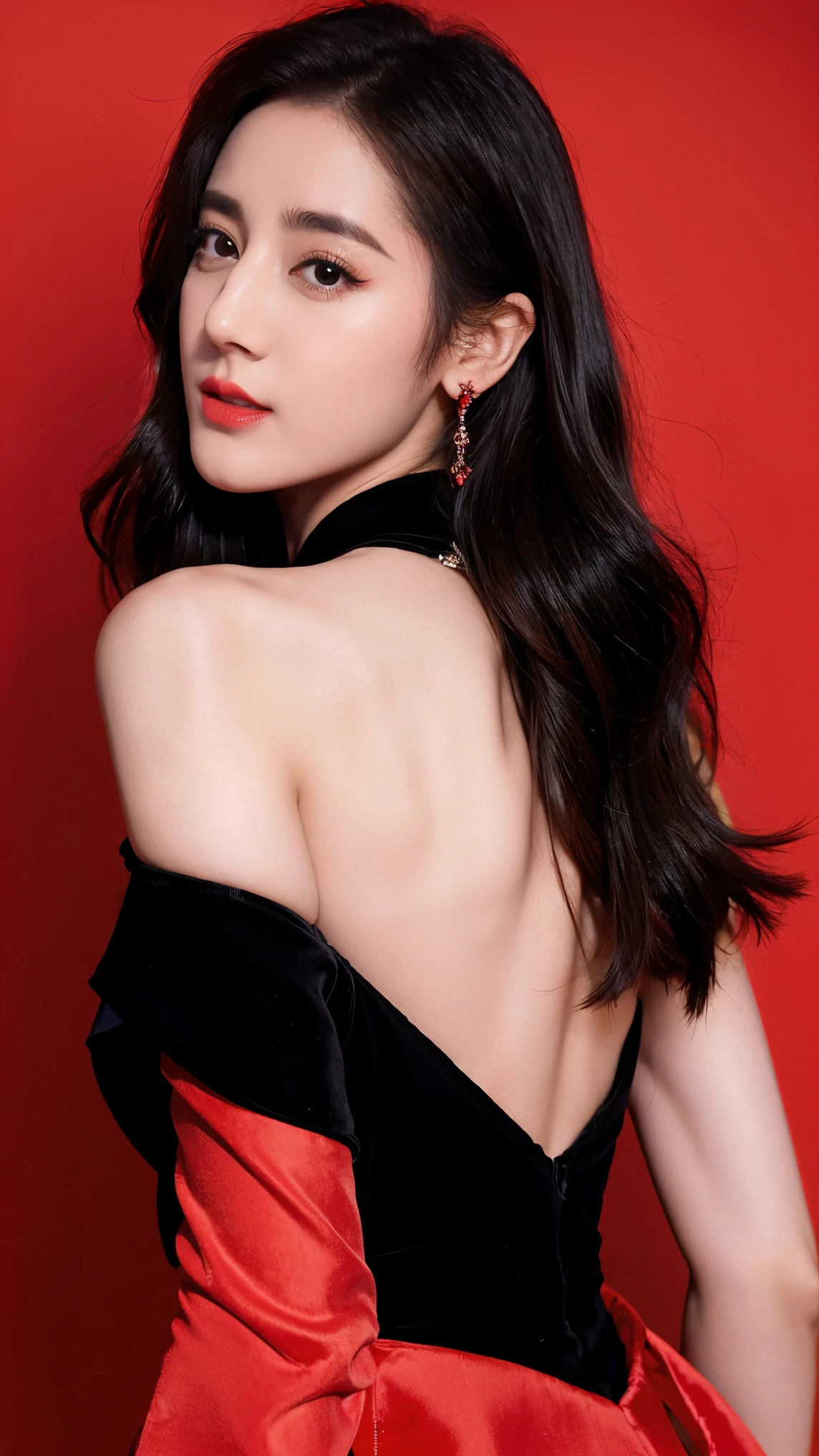 Ultra HD resolution,artistic photos,Photography,21year girl,earrings,long hair,Red background,Black backless dress,necklace,cowboy shot,H cup,Showing cleavage,Expose more breasts,Amazing breast size,Bigger breasts,Smooth and beautiful back,Completely bare back,Cold white skin,Buttocks are big