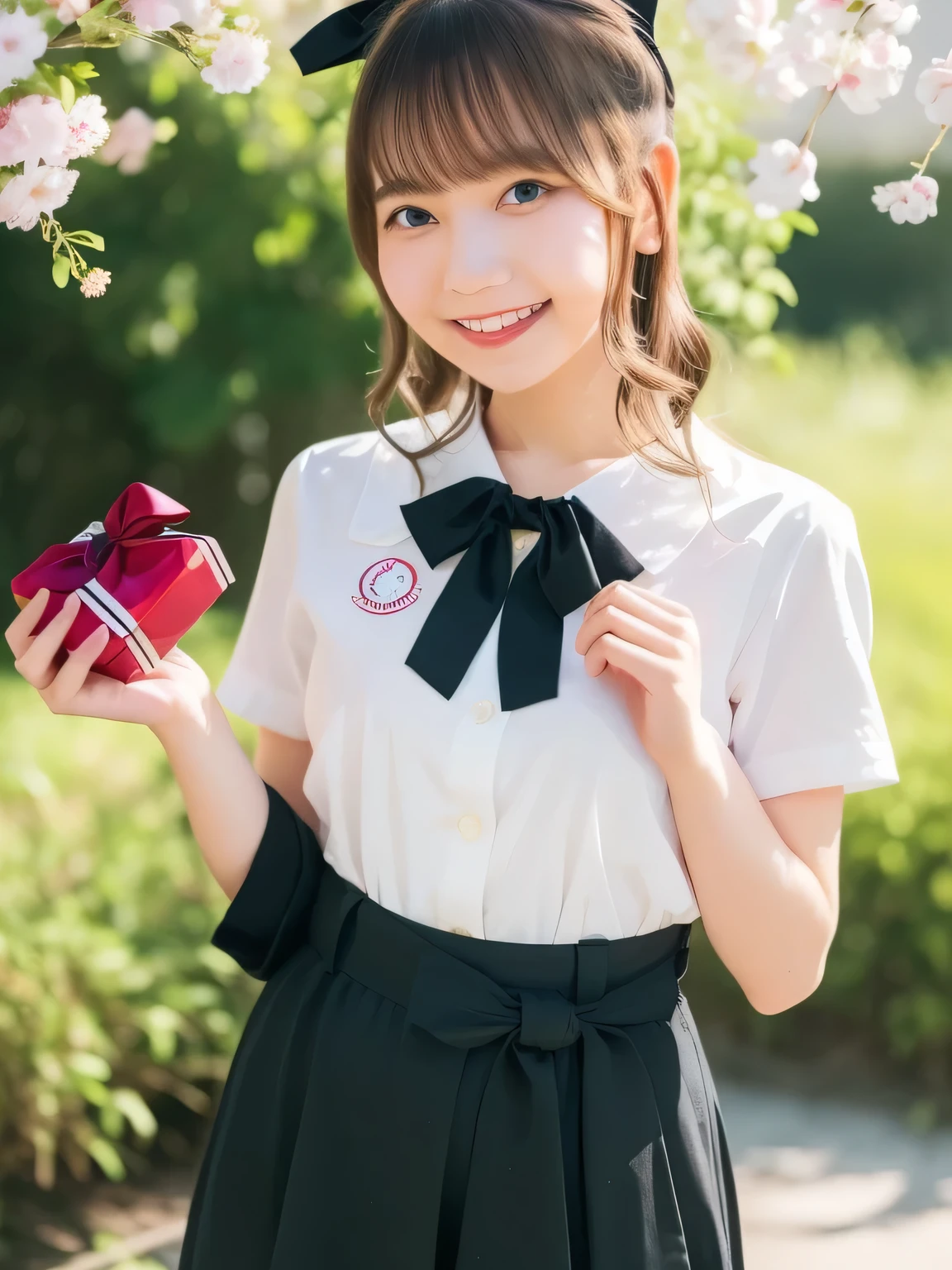A stunningly beautiful 20-year-old woman stands in a lush green park full of cherry blossoms in full bloom under a clear blue sky. She is wearing a classic sailor uniform and holds a neatly wrapped gift box with a red ribbon in both hands in front of her chest. The box is small, wrapped in decorative paper, and tied with a bow. She looks very happy, with a radiant and joyful expression.A stunningly beautiful 20-year-old woman stands in a lush green park full of cherry blossoms in full bloom under a clear blue sky. She is wearing a classic sailor uniform and holds a neatly wrapped gift box with a red ribbon in both hands in front of her chest. The box is small, wrapped in decorative paper, and tied with a bow. She looks very happy, with a radiant and joyful expression.