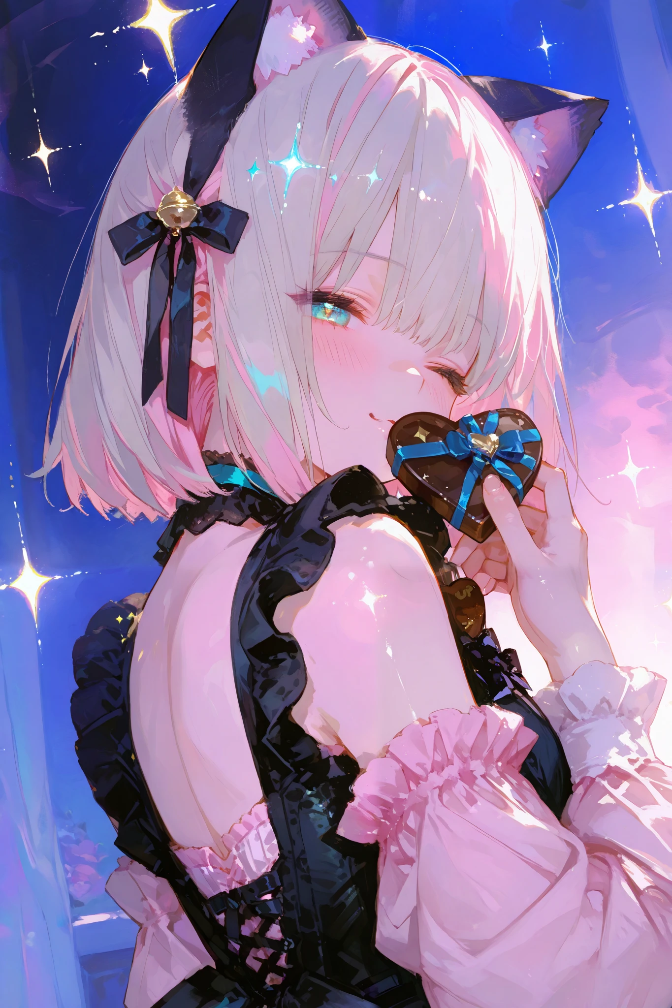 1girl, from back, very cute, chibi style, silver short hair, winking, pink frilled dress, black ribbons, cat ears, holding heart-shaped chocolate, playful expression, soft pastel color, glowing background, dreamy atmosphere, twinkling stars, soft lights, magical aura, kawaii style, digital painting, star dust, luminous sparkle, glow effect,748cmstyle,luisap,shiny skin, high quality, ultra-detailed, 8K, fantasy lighting, ray tracing, UHD, retina, masterpiece, accurate, anatomically correct, textured skin, super detail, high details, high quality, best quality, highres, 1080P, HD, 16k