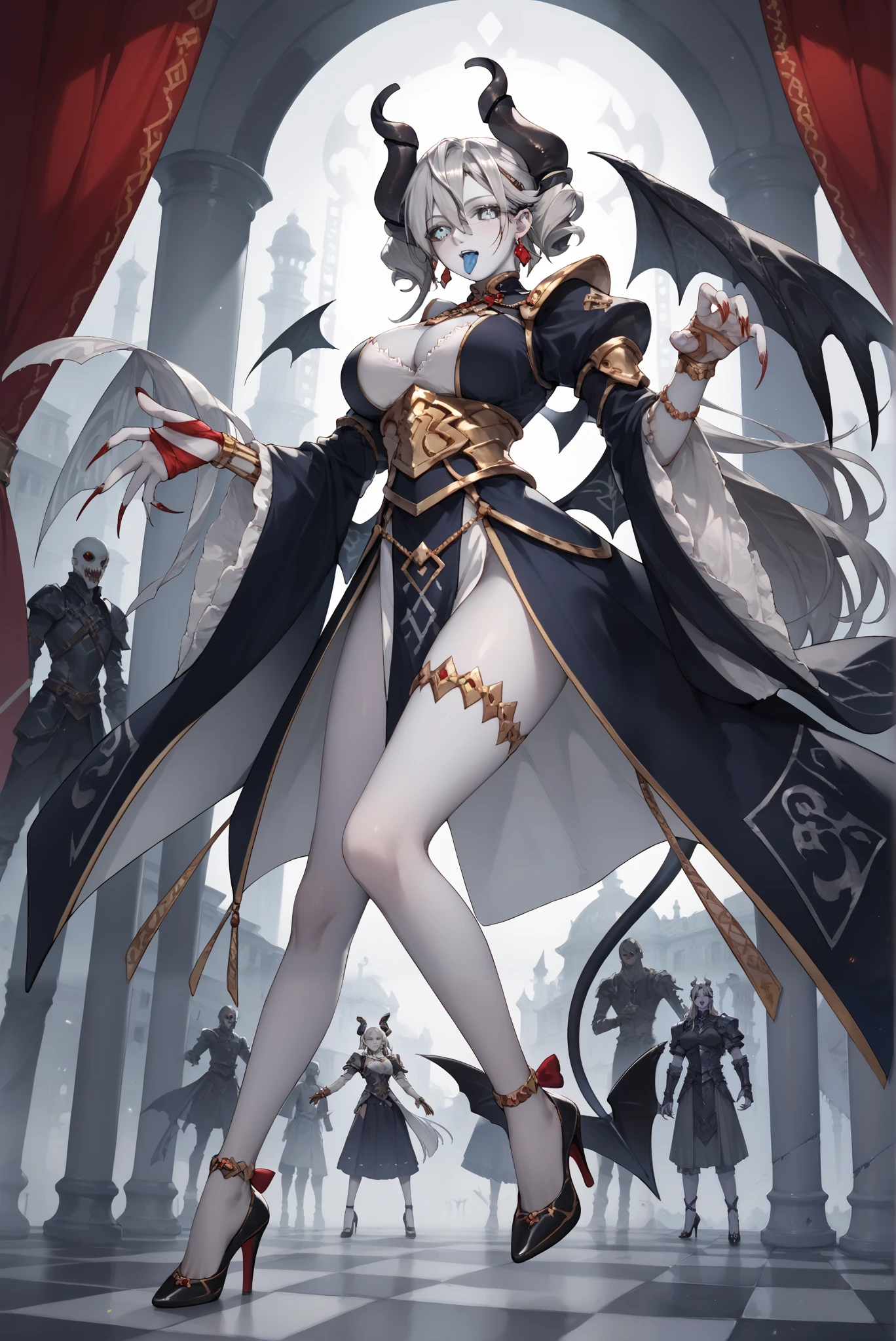 Silver City Labyrinth, demon horn, Diamond Hair ,  gray eyes, gray hair,  the hair between the eyes , horn, medium long hair, armor, demon  Wings ,  Earrings, Hand Guard , jewelry, low  Wings ,  Wings , hwah jah jiangshi, blue eyes, Ofuda curtains, large breasts, ( whole body， HEELS:1.7),ZombieT，tongue out, colored skin, Zombie Pose, black sclera, Ofuda, long fingernails


