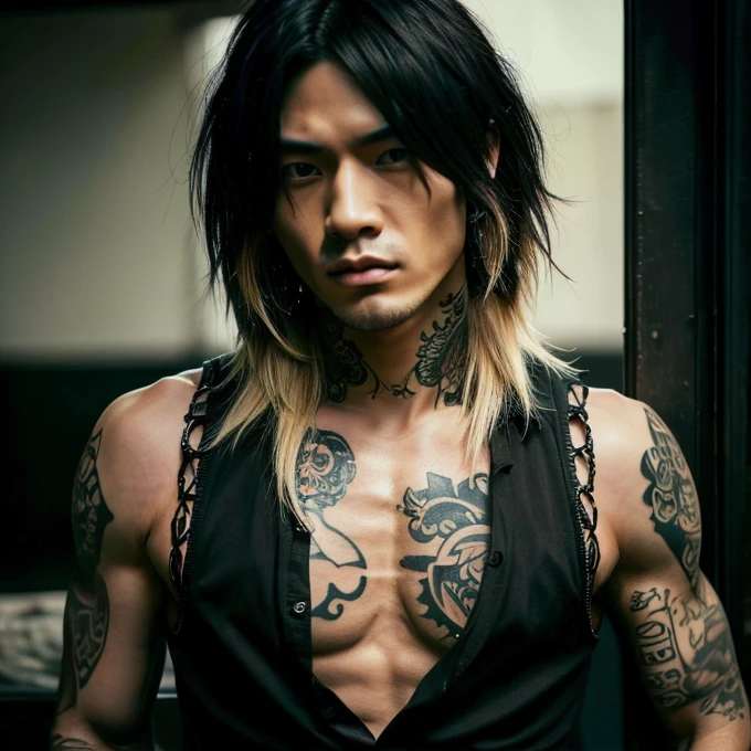 1 man, Japanese man, male, Asian eyes, muscular, broad shoulders, yakuza tattoos, hairstyle Visual Kei style, hair Visual Kei, black men's shirt and black pants, ultra detailed face, hyperrealistic, realistic representation, long hair, long hair, 30 years old, age 30 years, black and blonde hair