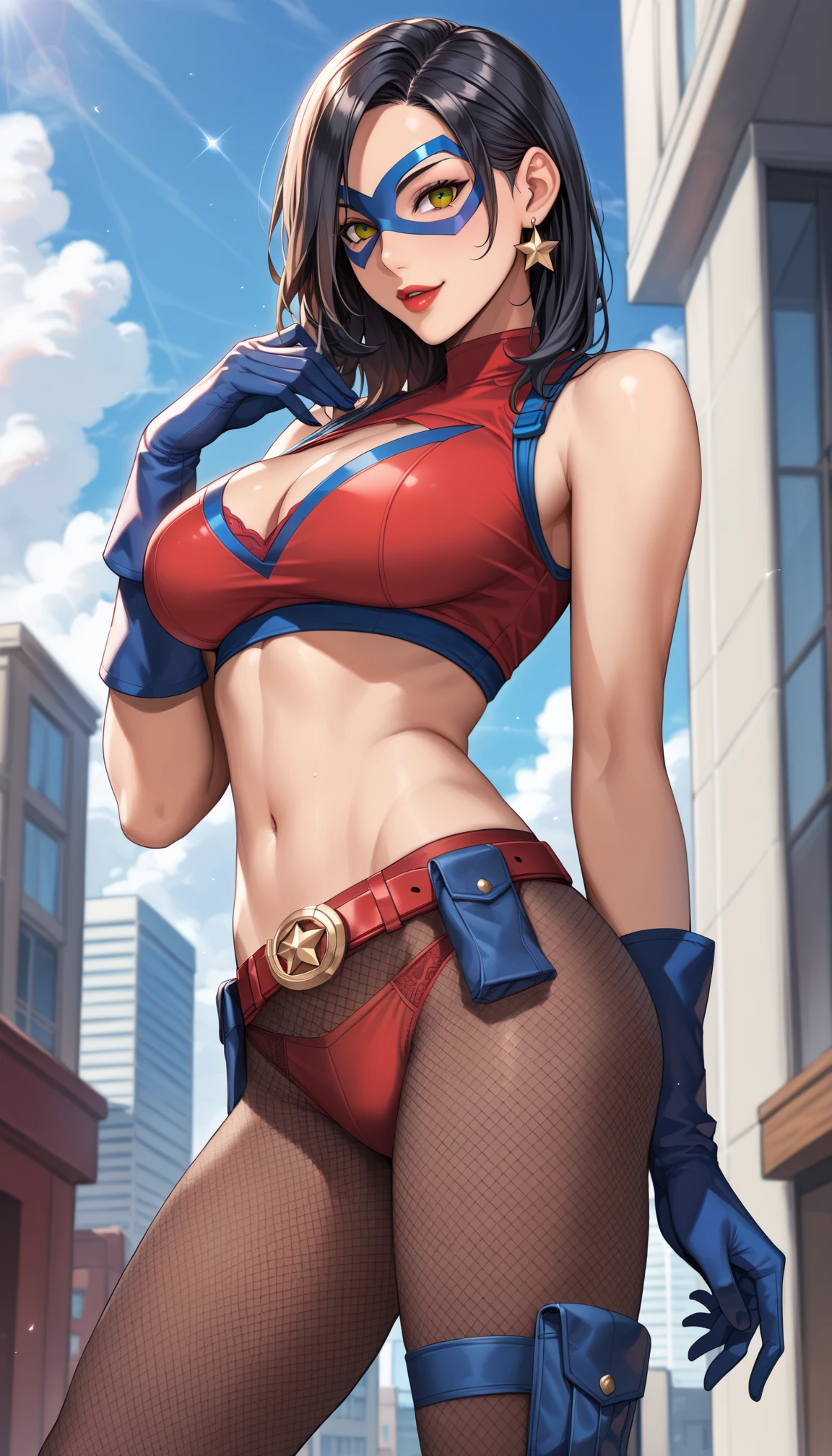 Fresh female, full body, messy short Hair in wind, ((sagging huge breasts)), tight, spread legs, squatting, sex-form on other man, (((intricate outfit))), light pastel red pink yellow blue rainbow colorful, cape, smile, wrestling, On the corner of the roof, from above, masterpiece, high quality, Very detailed, Dynamic Shadows, High resolution, super High resolution, Studio Lighting, Dramatic lighting, Detailed fingers, High Contrast
