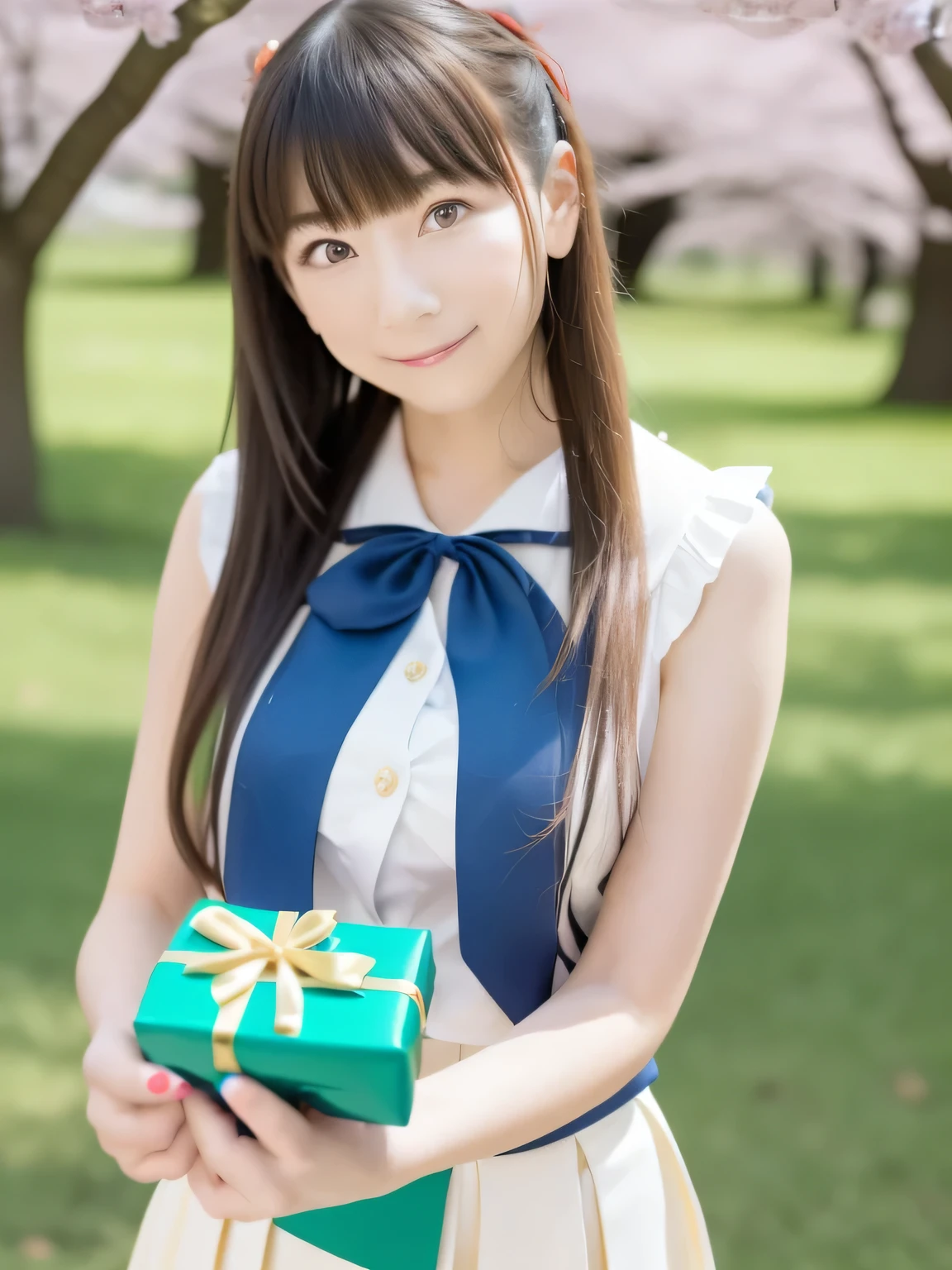 A stunningly beautiful 20-year-old woman stands in a lush green park full of cherry blossoms in full bloom under a clear blue sky. She is wearing a classic sailor uniform and holds a neatly wrapped gift box with a red ribbon in both hands in front of her chest. The box is small, wrapped in decorative paper, and tied with a bow. She looks very happy, with a radiant and joyful expression.A stunningly beautiful 20-year-old woman stands in a lush green park full of cherry blossoms in full bloom under a clear blue sky. She is wearing a classic sailor uniform and holds a neatly wrapped gift box with a red ribbon in both hands in front of her chest. The box is small, wrapped in decorative paper, and tied with a bow. She looks very happy, with a radiant and joyful expression.