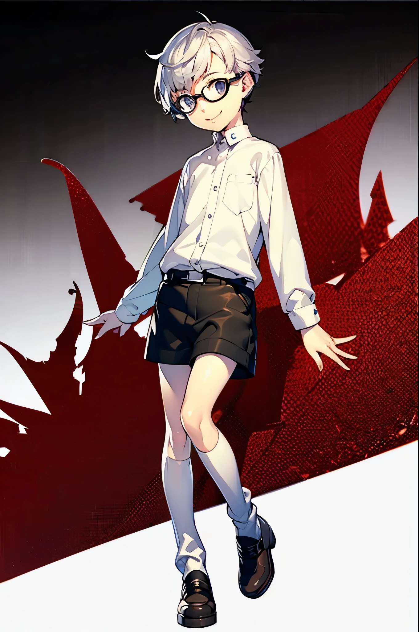 Short Hair、 silver hair、silver eyes 、 、 white shirt、Best、 shorts、 Growing Up Well 、smile、Glasses、(White background)、whole body、 high socks、(Sock Garter)