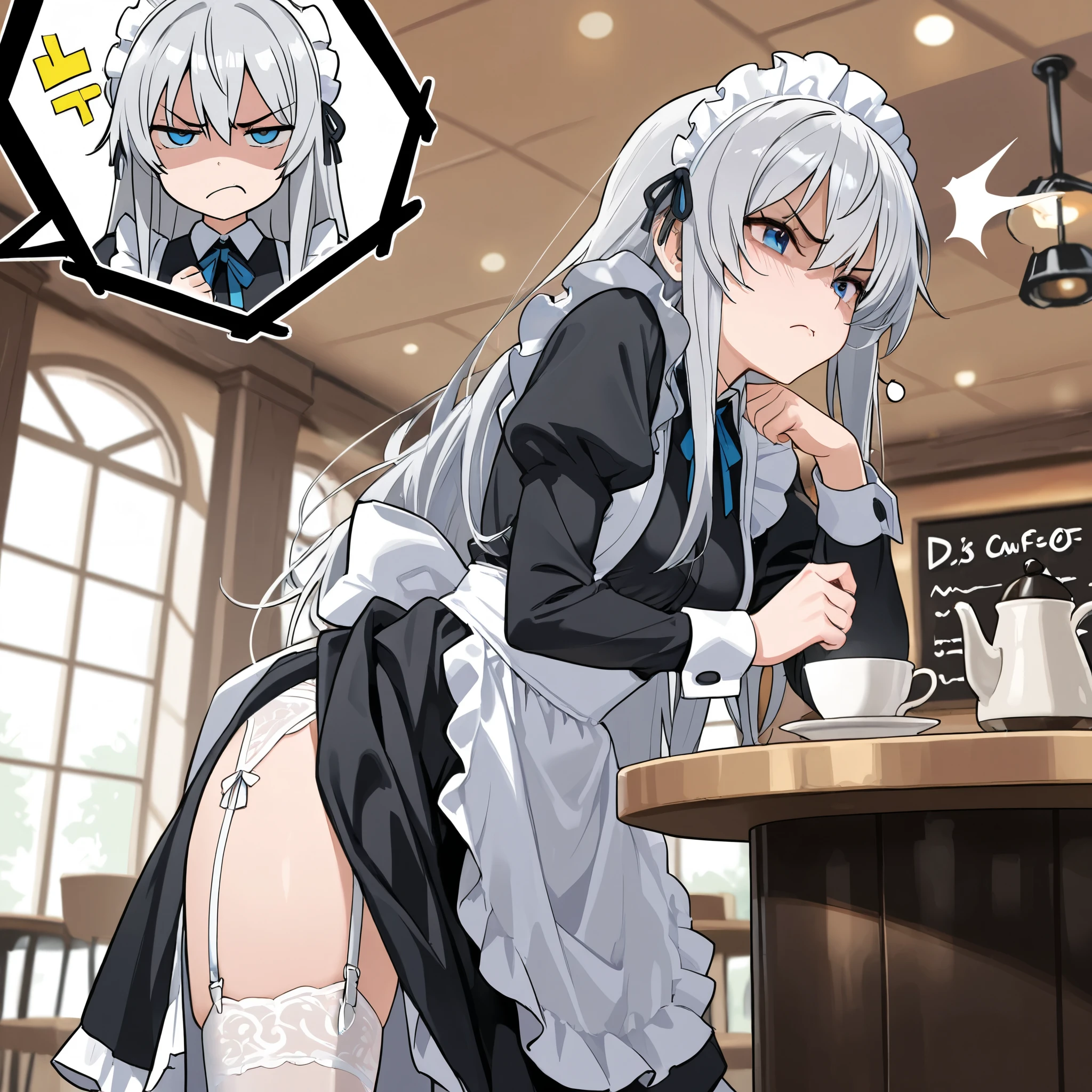 1 female, blue eyes,D Cup, masterpiece, top quality, gray hair, long hair, garter belt,maid uniform,Cafe,frustrated expression,annoyed face,displeased demeanor,angry glare