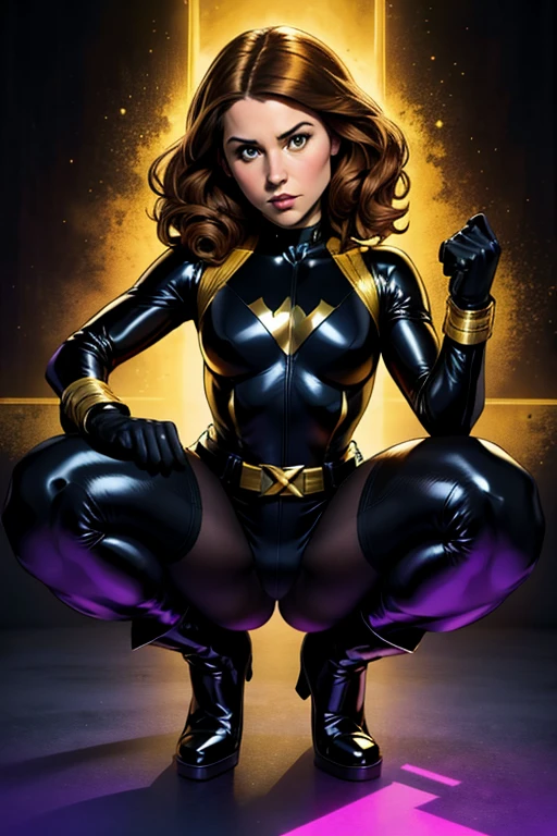 Maude Apatow as Marvel Comics's Kitty Pryde AKA Shadowcat. Kitty wears a black bodysuit with a broad yellow-gold strip down the middle that extends over her shoulders, matching gloves, black boots with yellow seams, and an X-belt. Kitty looks badass but beautiful. Great details. Photorealistic. Full-colored photo. Professional photo. Highly detailed 8K.